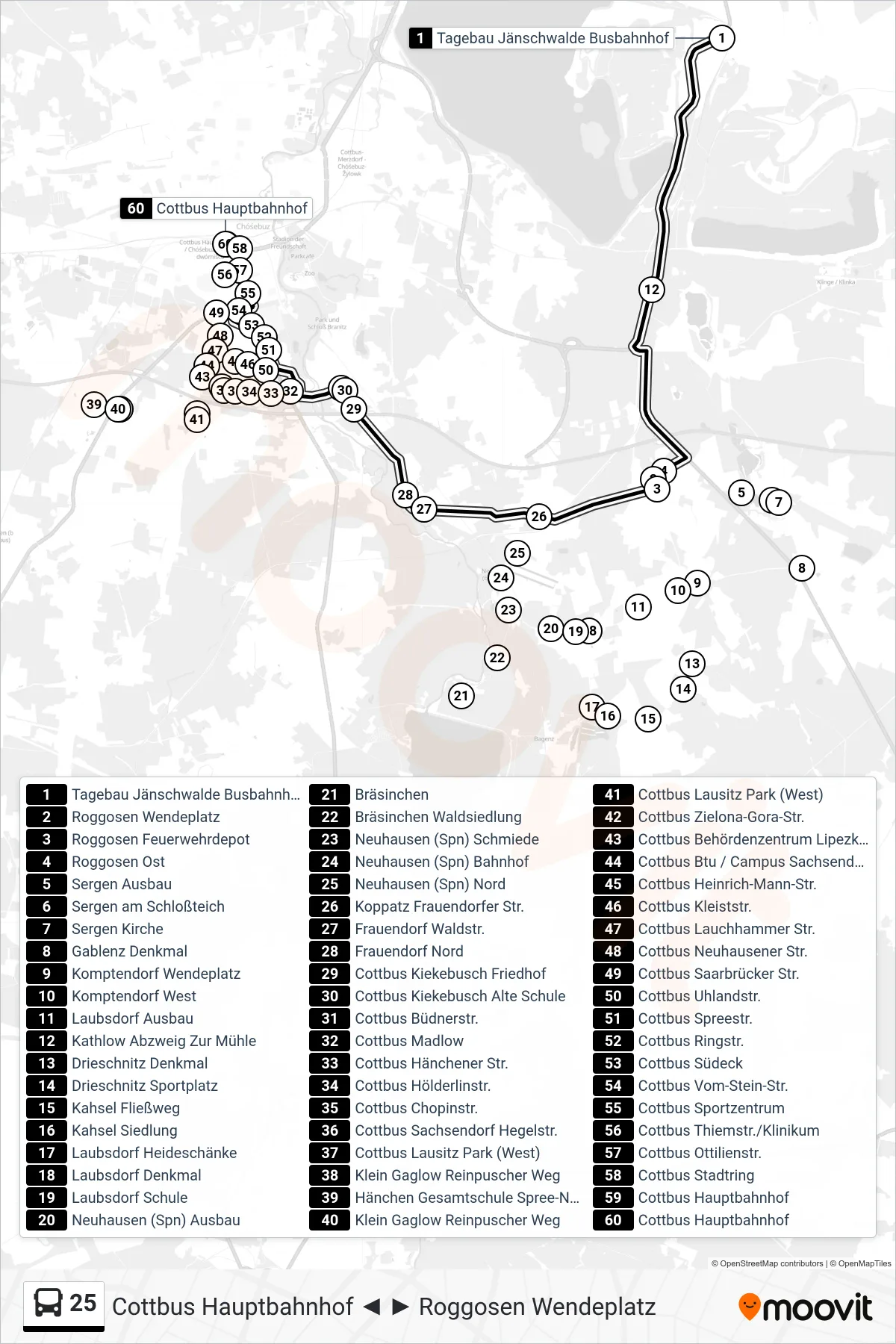 Linie 25 (Bus) Richtung Cottbus Hauptbahnhof: Route und Haltestellen auf der Karte