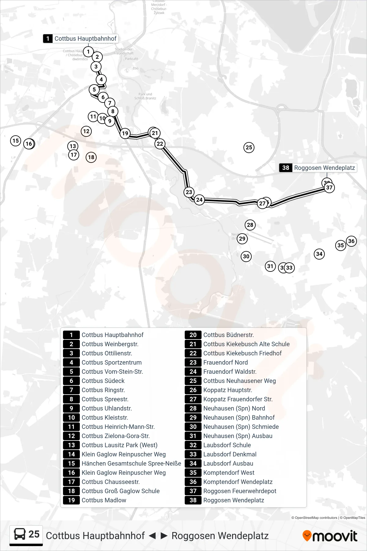 Linie 25 (Bus) Richtung Roggosen Wendeplatz: Route und Haltestellen auf der Karte