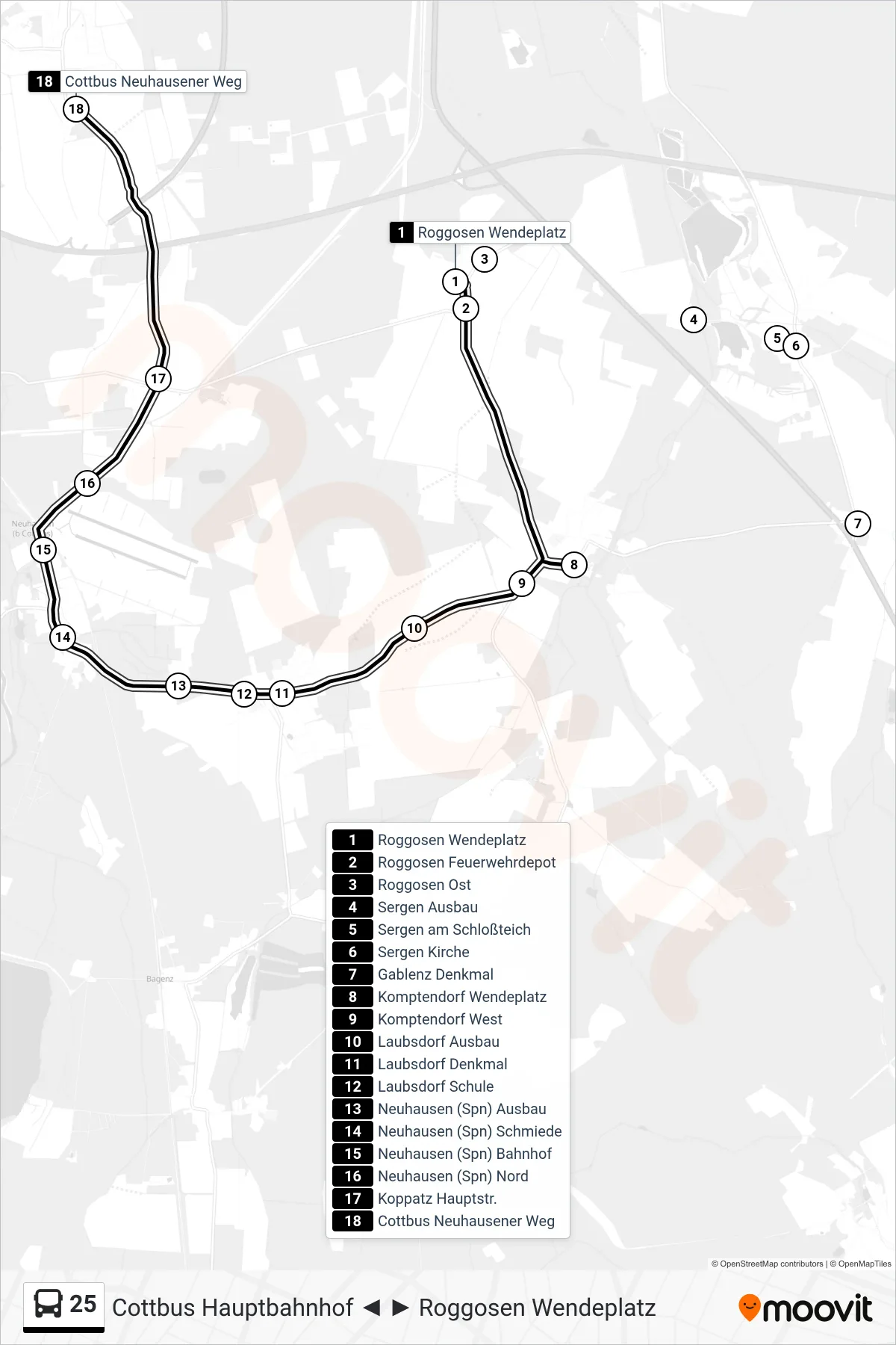 Linie 25 (Bus) Richtung Cottbus Neuhausener Weg: Route und Haltestellen auf der Karte