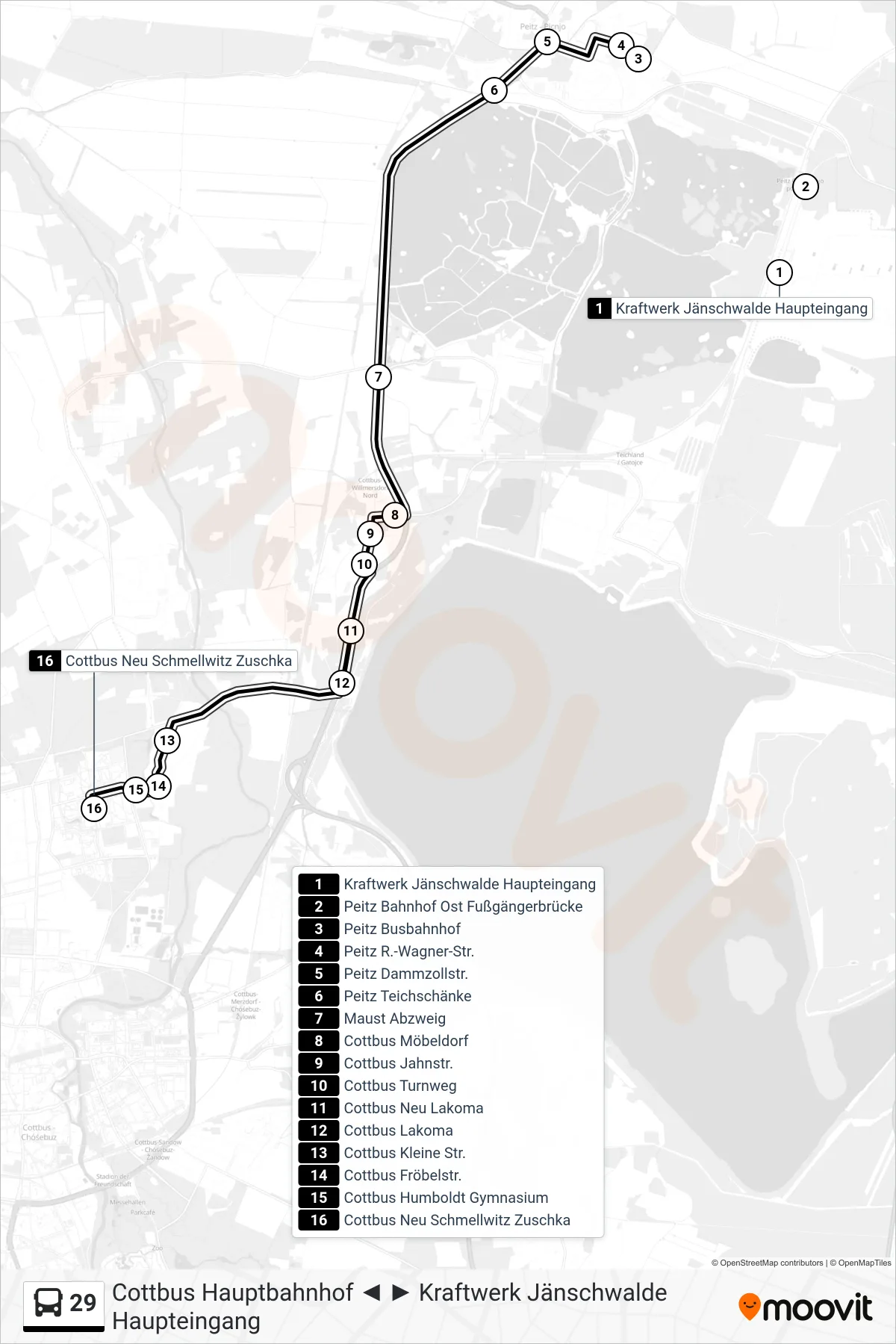 Linie 29 (Bus) Richtung Cottbus Neu Schmellwitz Zuschka: Route und Haltestellen auf der Karte
