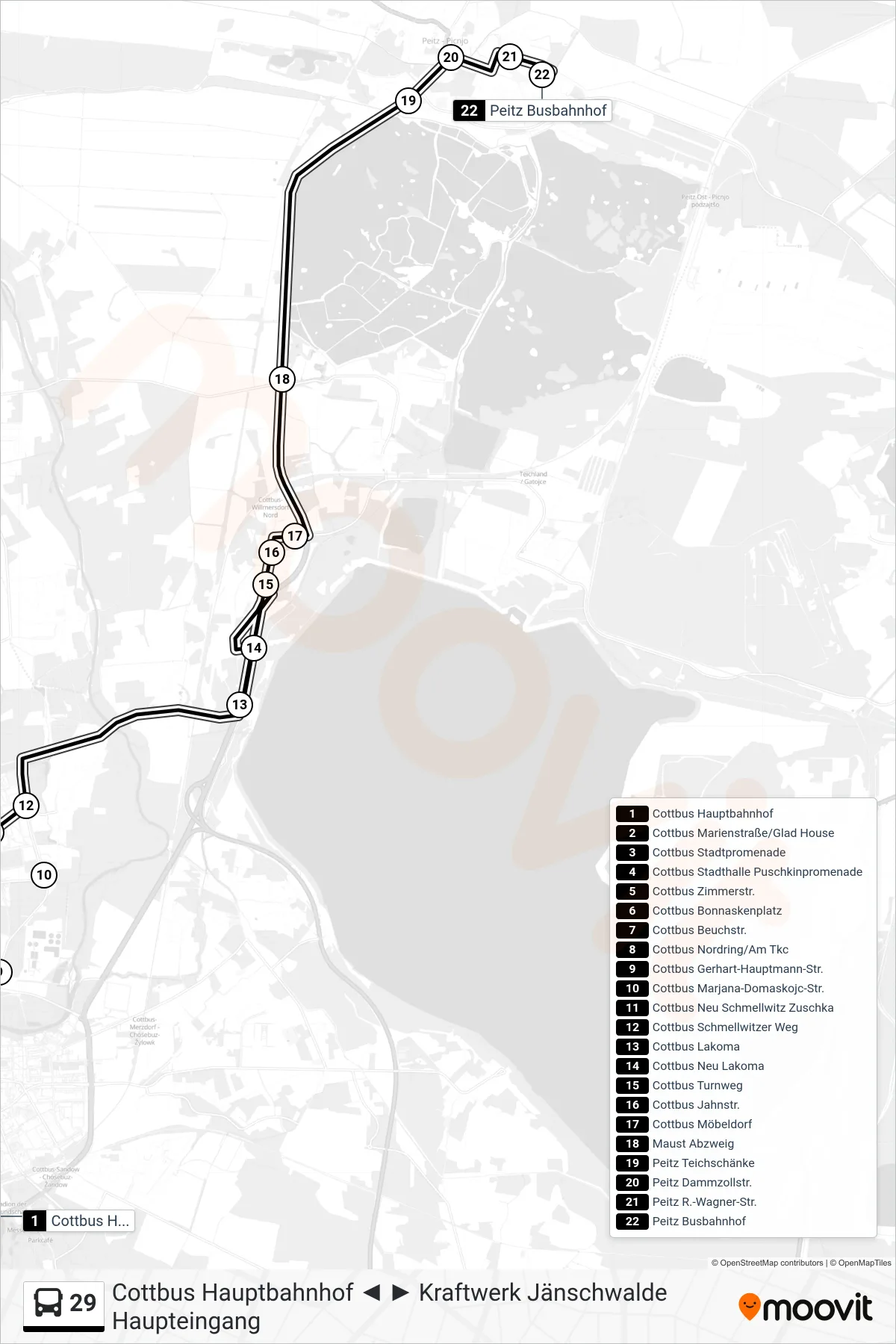 29 bus Line (Peitz Busbahnhof) route and stops on a map