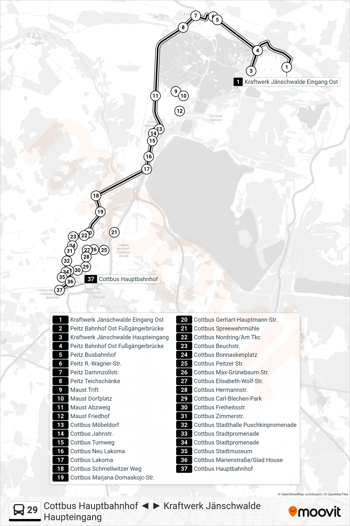Linie 29 (Bus) Richtung Cottbus Hauptbahnhof: Route und Haltestellen auf der Karte