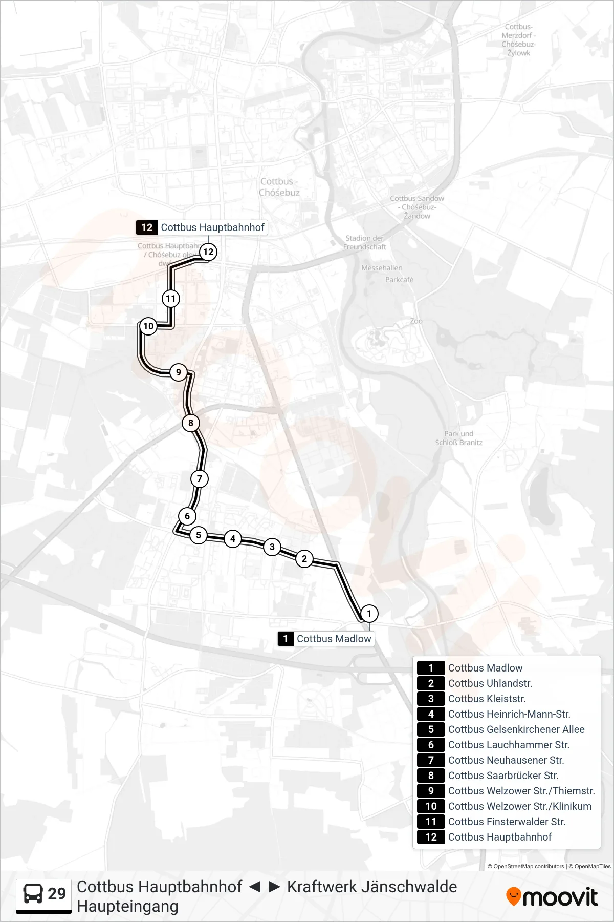 Linie 29 (Bus) Richtung Cottbus Hauptbahnhof: Route und Haltestellen auf der Karte
