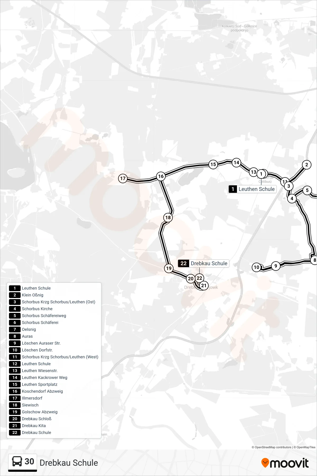 30 bus Line (Drebkau Schule) route and stops on a map