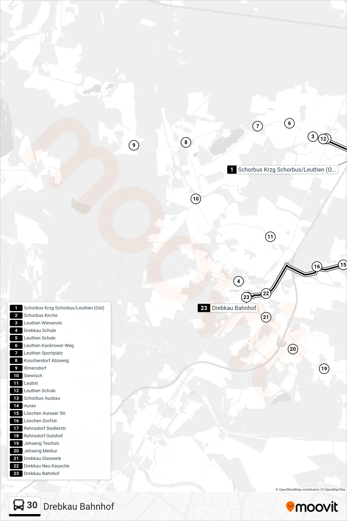 Linie 30 (Bus) Richtung Drebkau Bahnhof: Route und Haltestellen auf der Karte