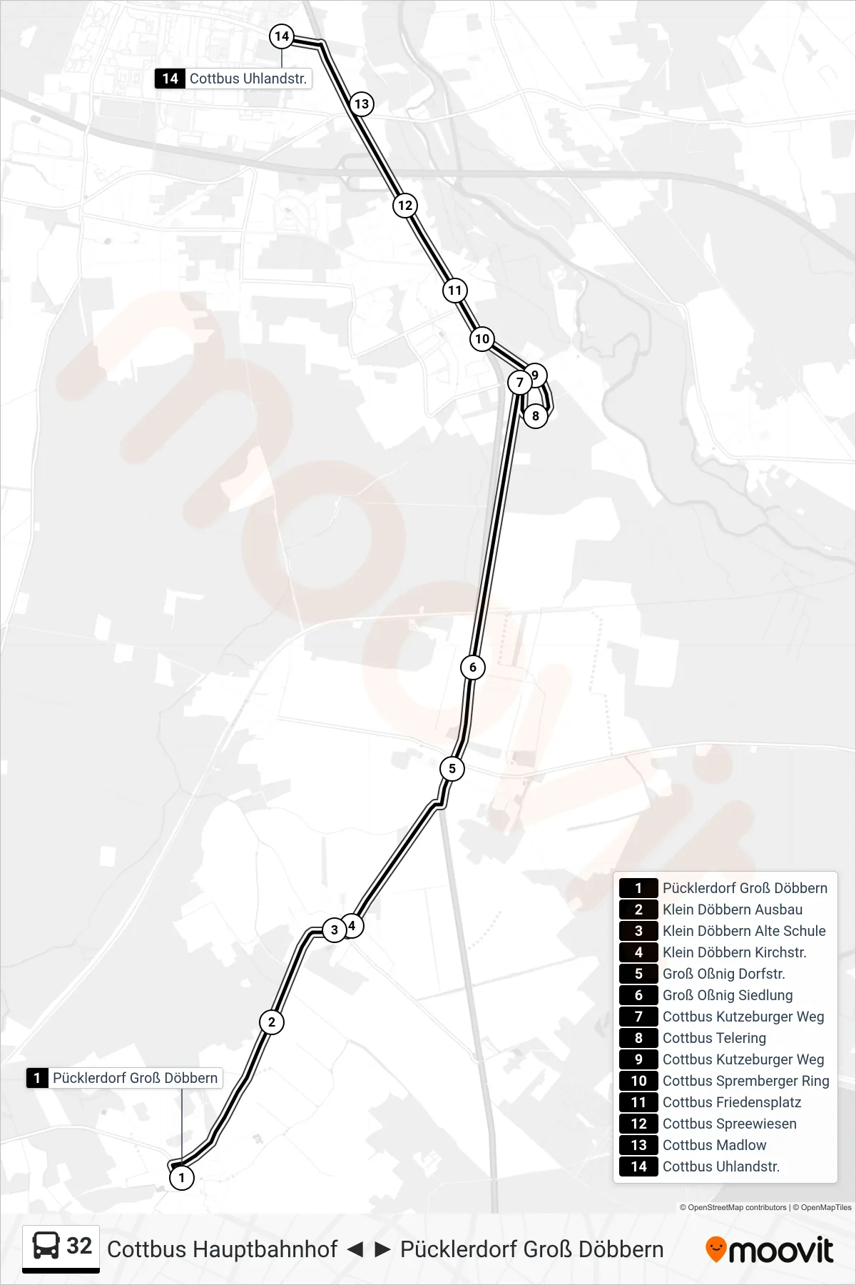 32 bus Line (Cottbus Uhlandstr.) route and stops on a map