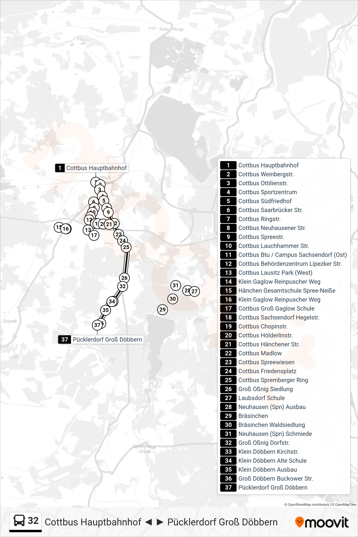 32 bus Line (Pücklerdorf Groß Döbbern) route and stops on a map
