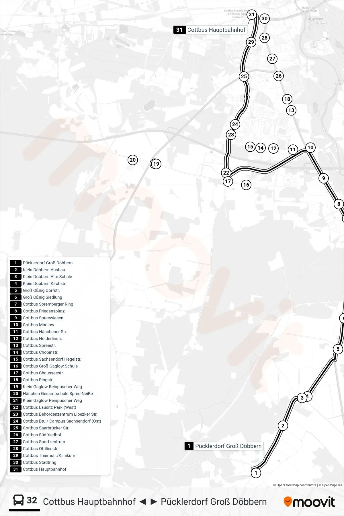 32 bus Line (Cottbus Hauptbahnhof) route and stops on a map