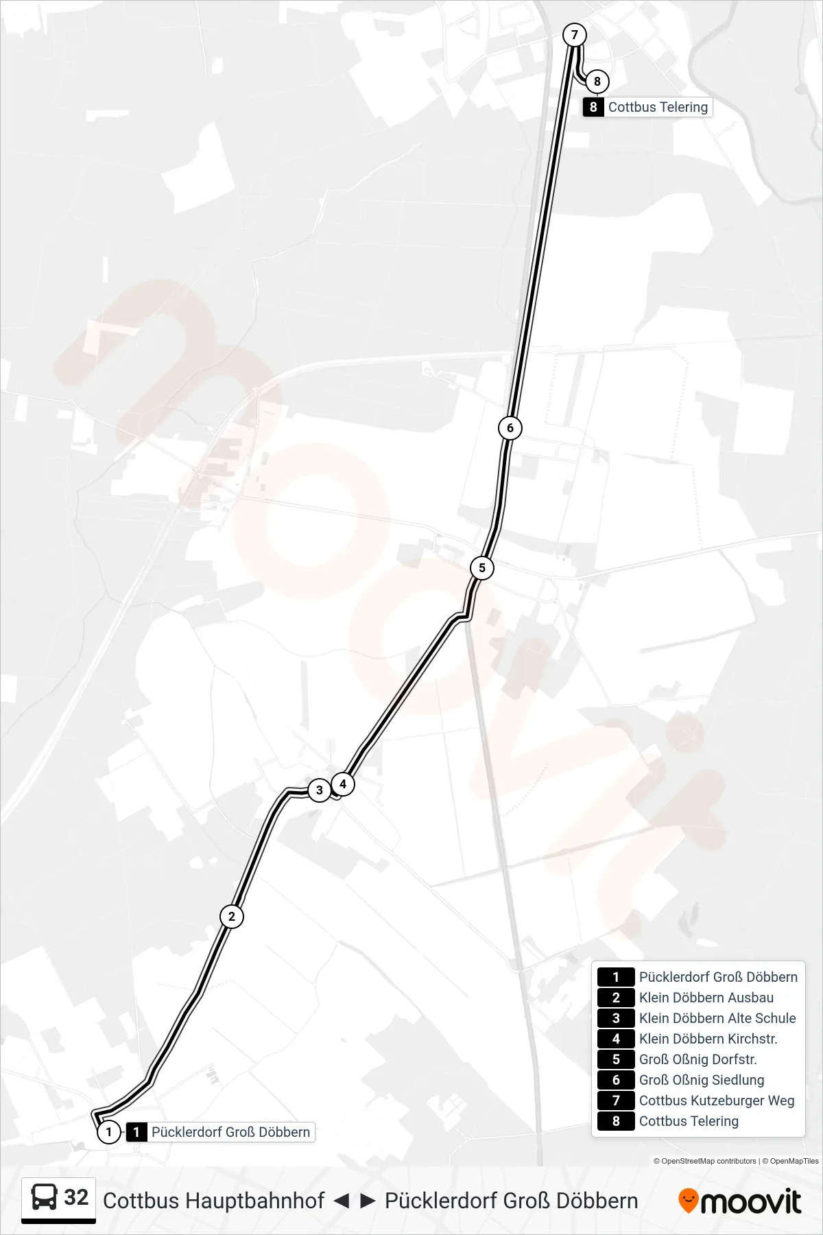32 bus Line (Cottbus Telering) route and stops on a map