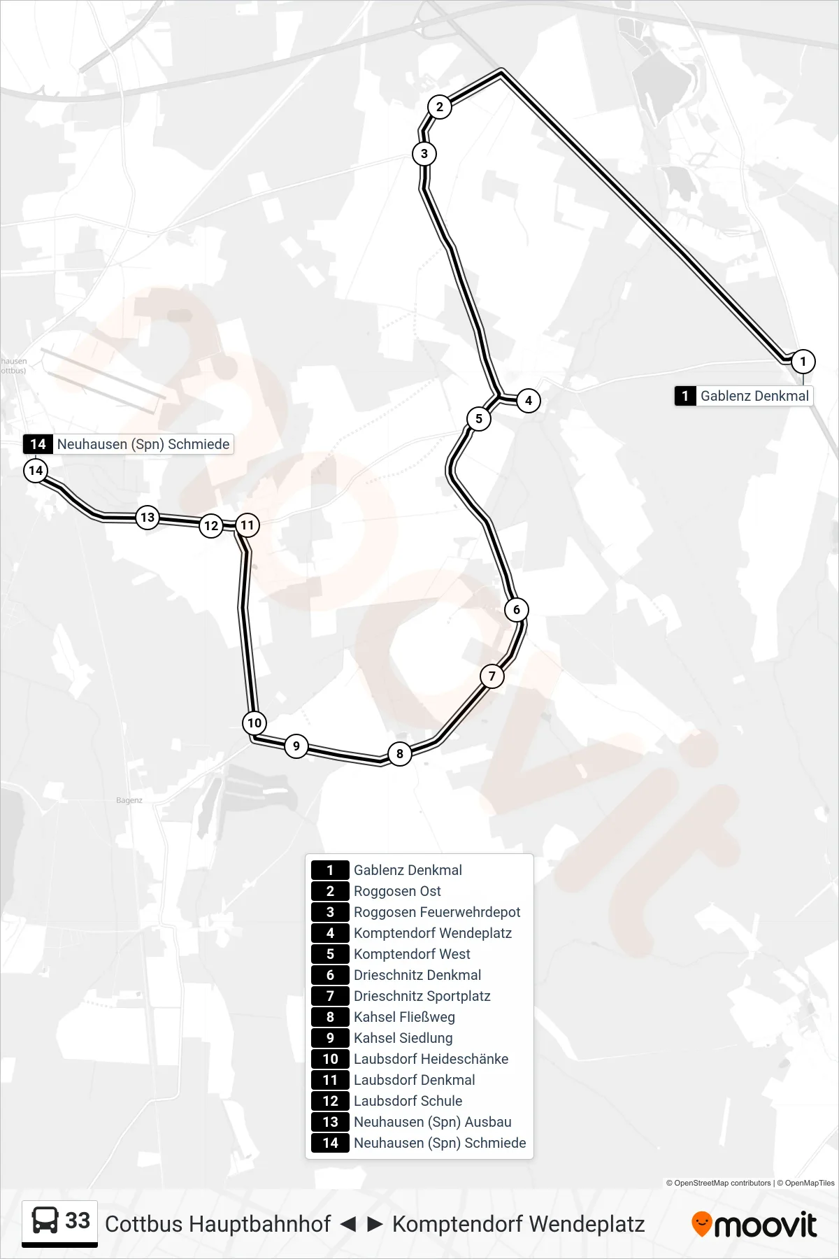 33 bus Line (Neuhausen (Spn) Schmiede) route and stops on a map