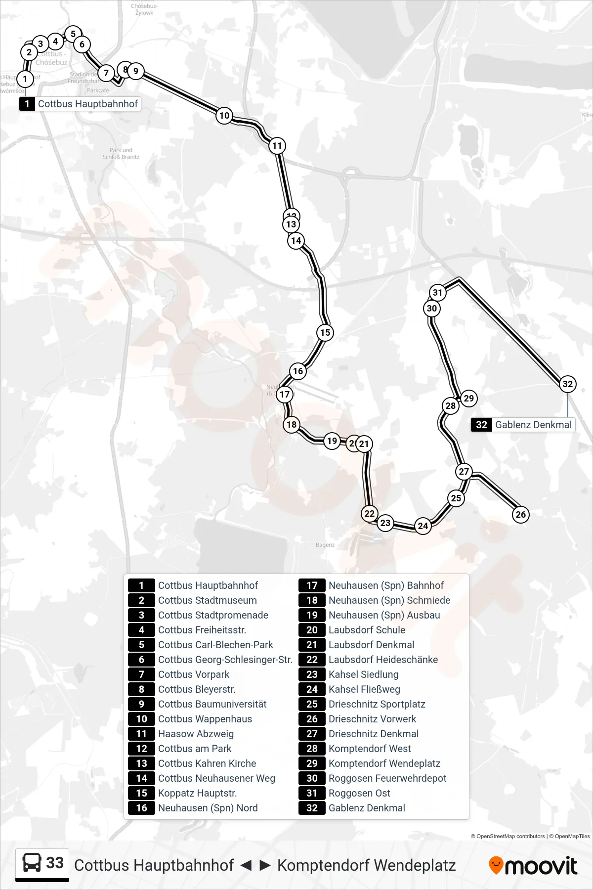Linie 33 (Bus) Richtung Gablenz Denkmal: Route und Haltestellen auf der Karte