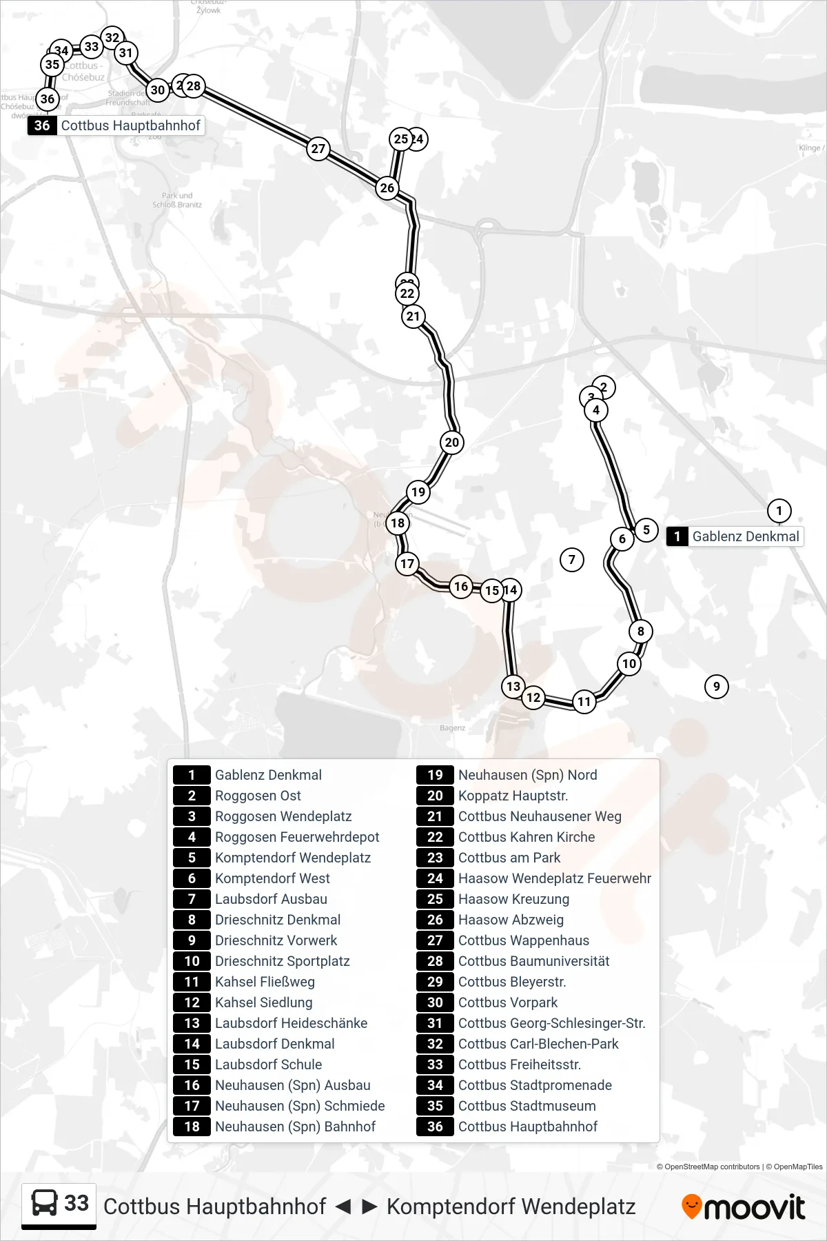 33 bus Line (Cottbus Hauptbahnhof) route and stops on a map