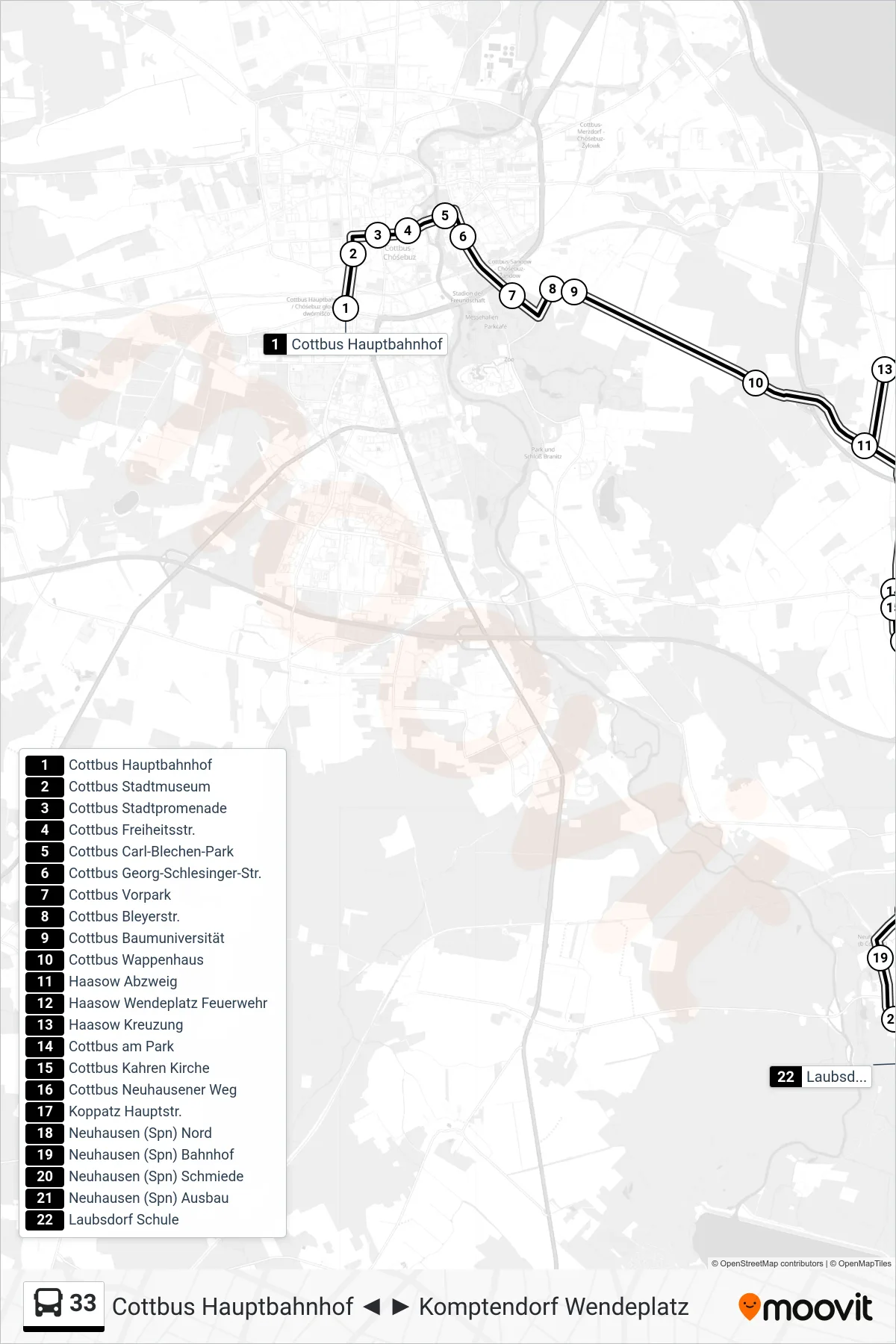 33 bus Line (Laubsdorf Schule) route and stops on a map