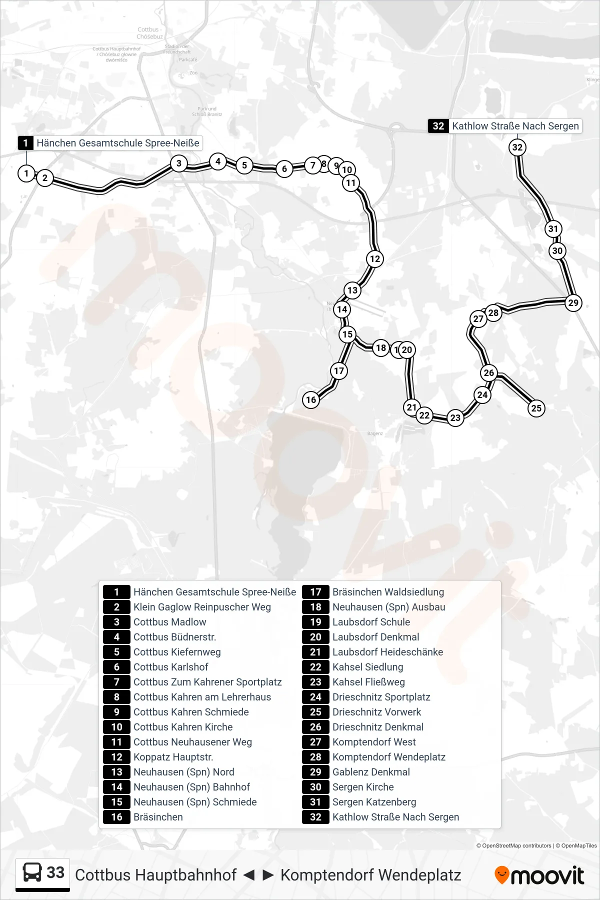 33 bus Line (Kathlow Straße Nach Sergen) route and stops on a map
