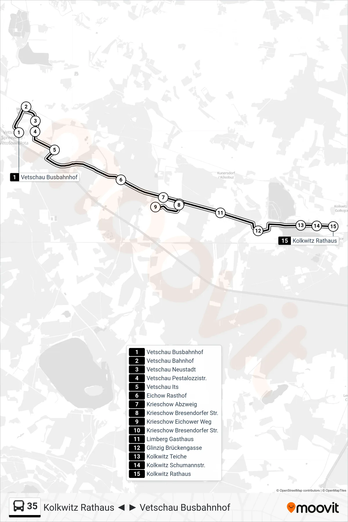 35 bus Line (Kolkwitz Rathaus) route and stops on a map