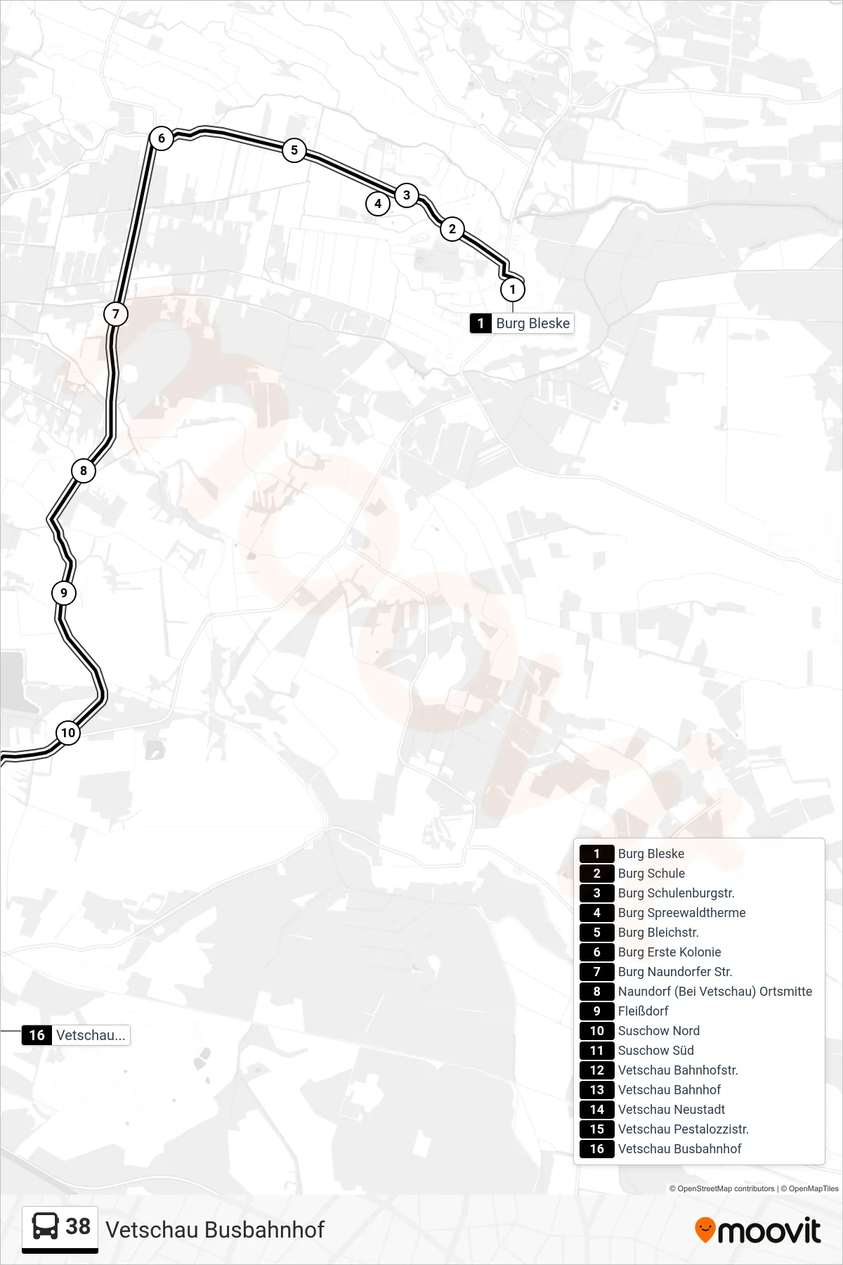 38 bus Line (Vetschau Busbahnhof) route and stops on a map