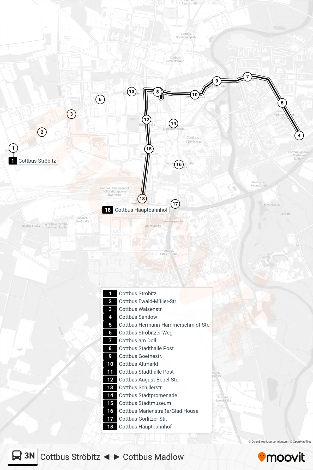 Linie 3N (Bus) Richtung Cottbus Hauptbahnhof: Route und Haltestellen auf der Karte