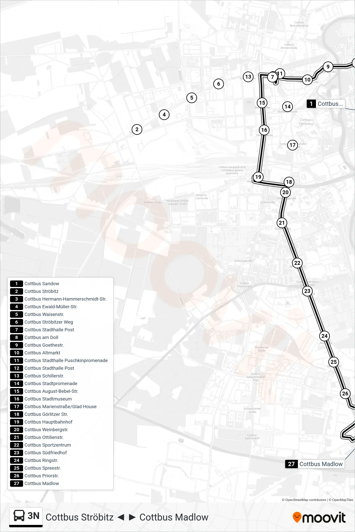 Linie 3N (Bus) Richtung Cottbus Madlow: Route und Haltestellen auf der Karte