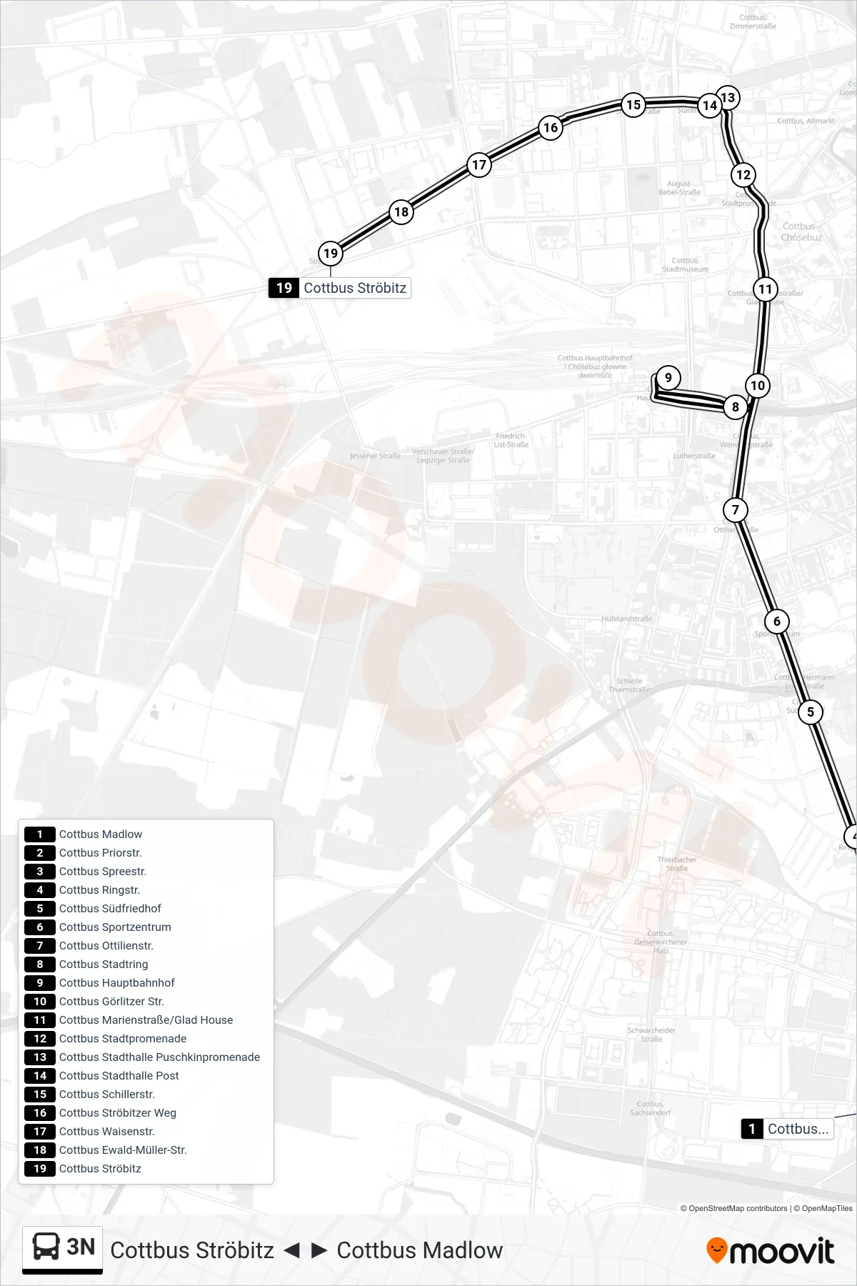 Linie 3N (Bus) Richtung Cottbus Ströbitz: Route und Haltestellen auf der Karte
