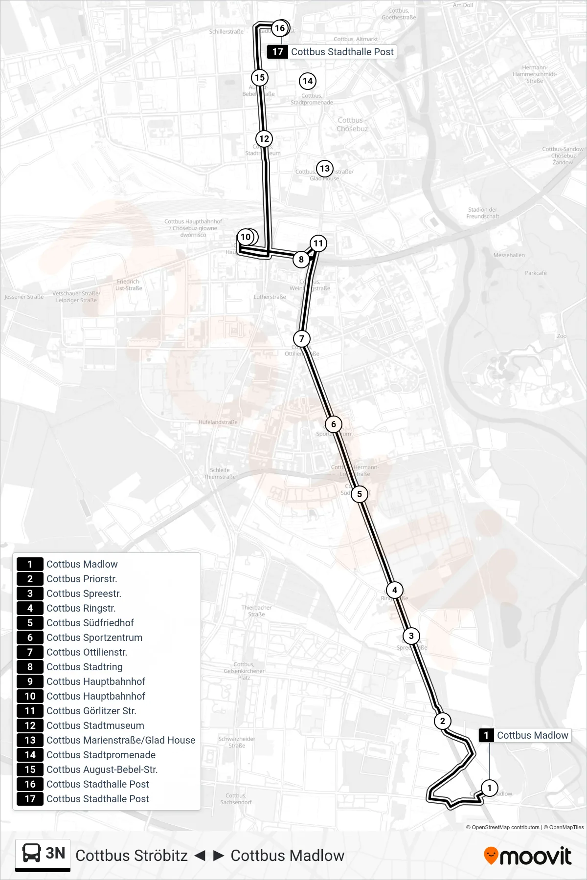 Linie 3N (Bus) Richtung Cottbus Stadthalle Post: Route und Haltestellen auf der Karte