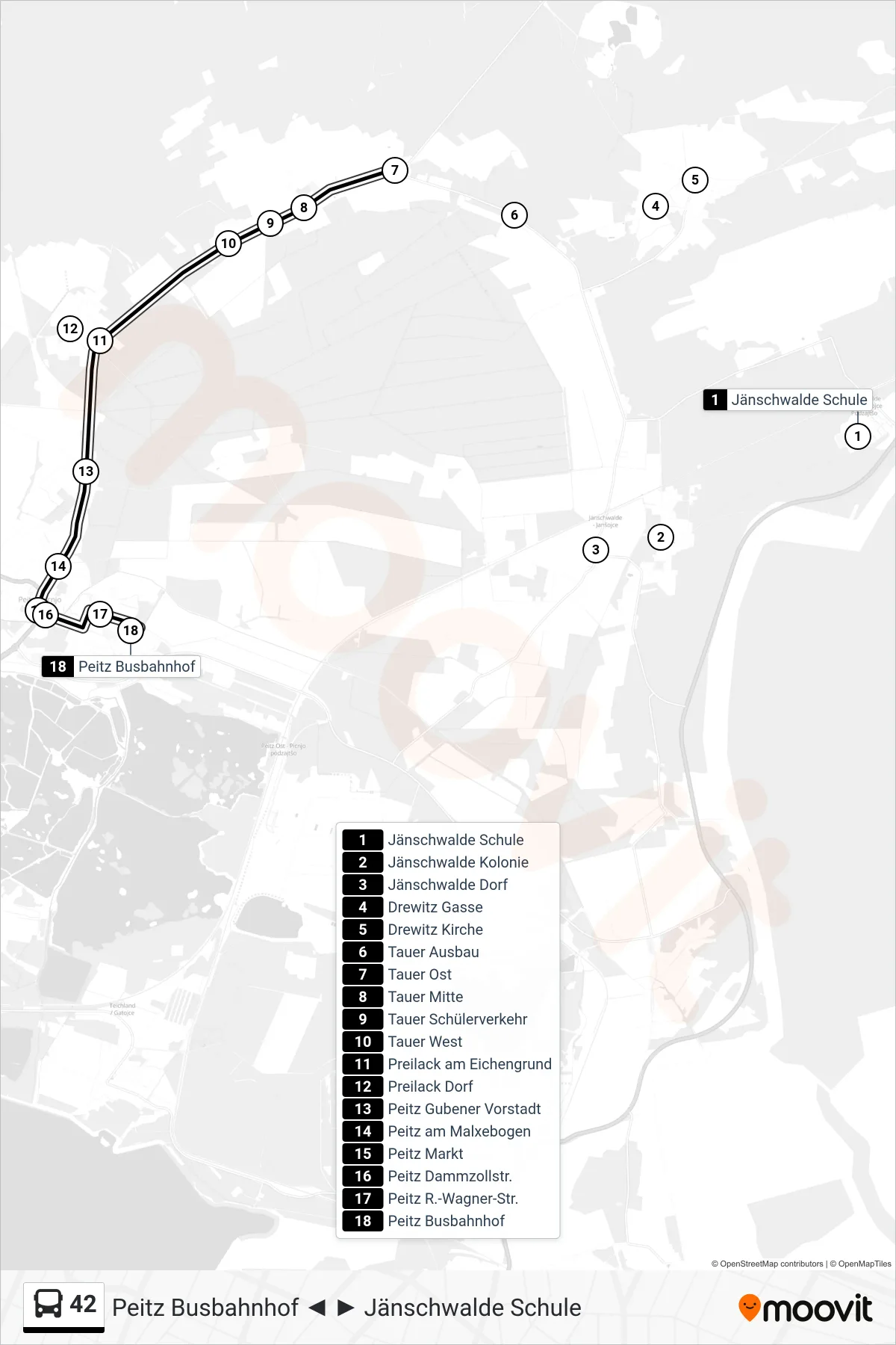Linie 42 (Bus) Richtung Peitz Busbahnhof: Route und Haltestellen auf der Karte