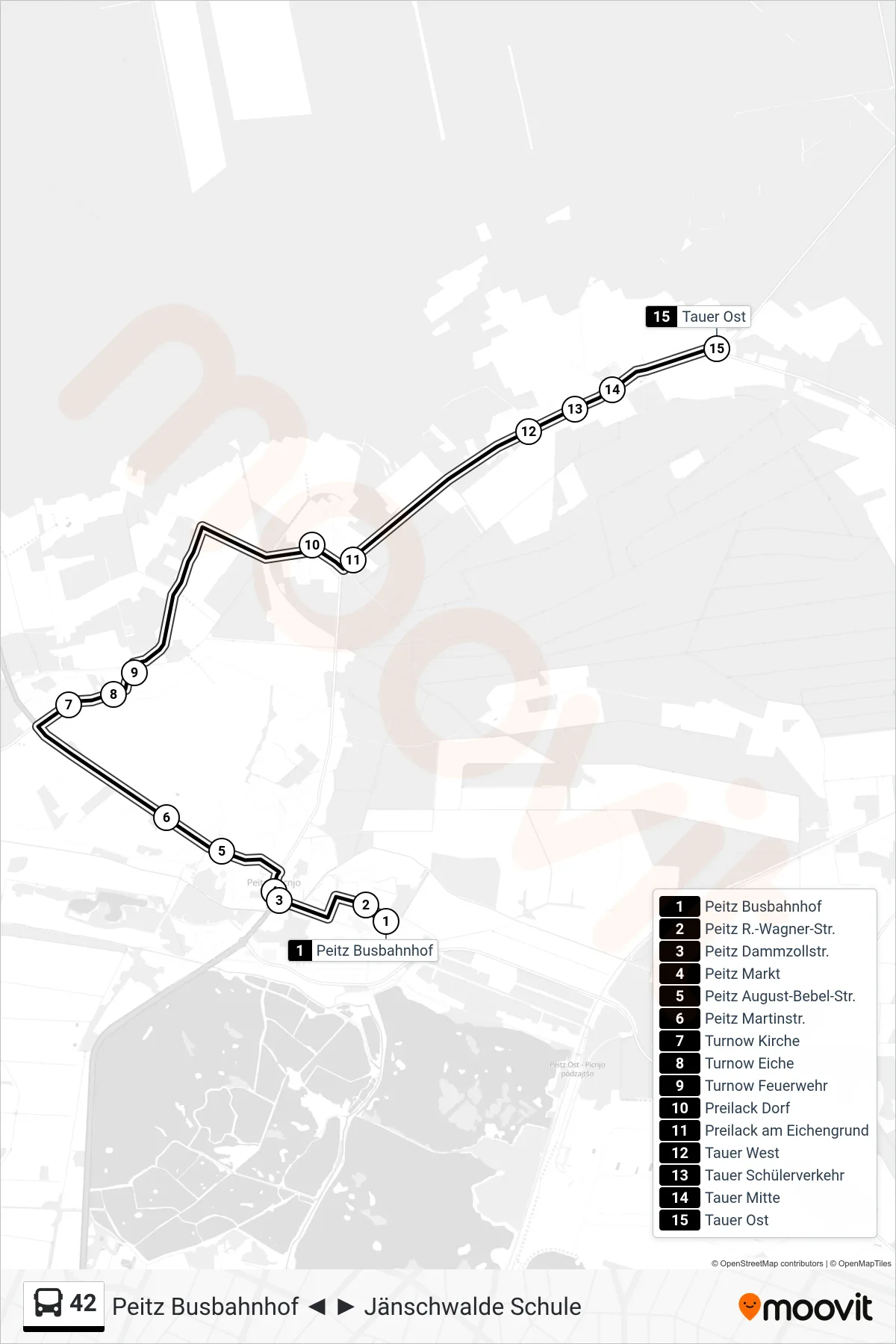 42 bus Line (Tauer Ost) route and stops on a map