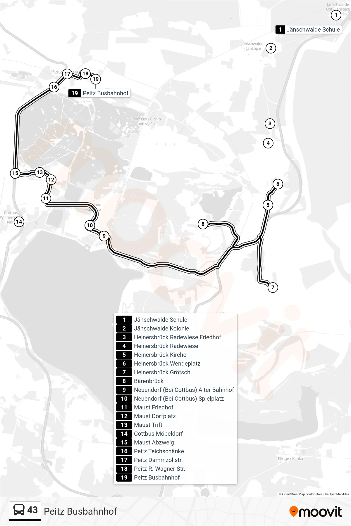 Linie 43 (Bus) Richtung Peitz Busbahnhof: Route und Haltestellen auf der Karte