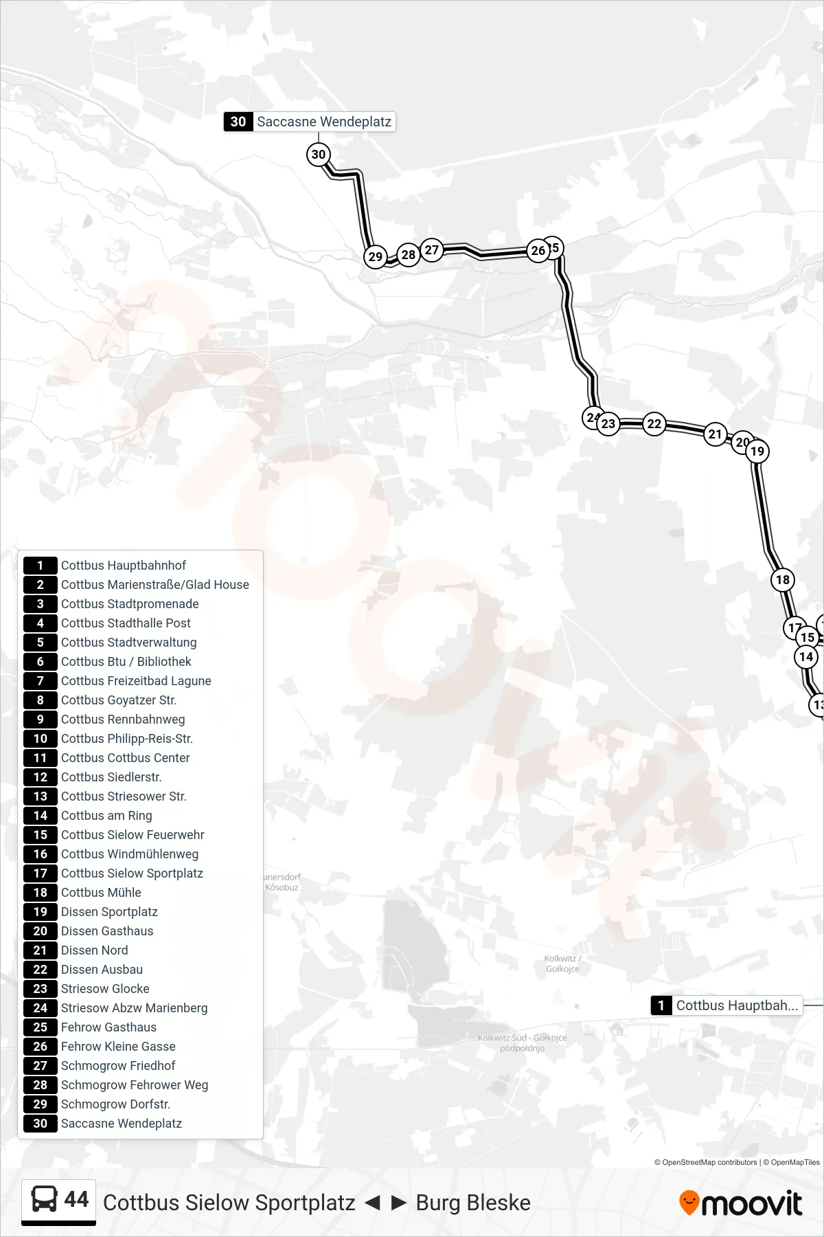 Linie 44 (Bus) Richtung Saccasne Wendeplatz: Route und Haltestellen auf der Karte