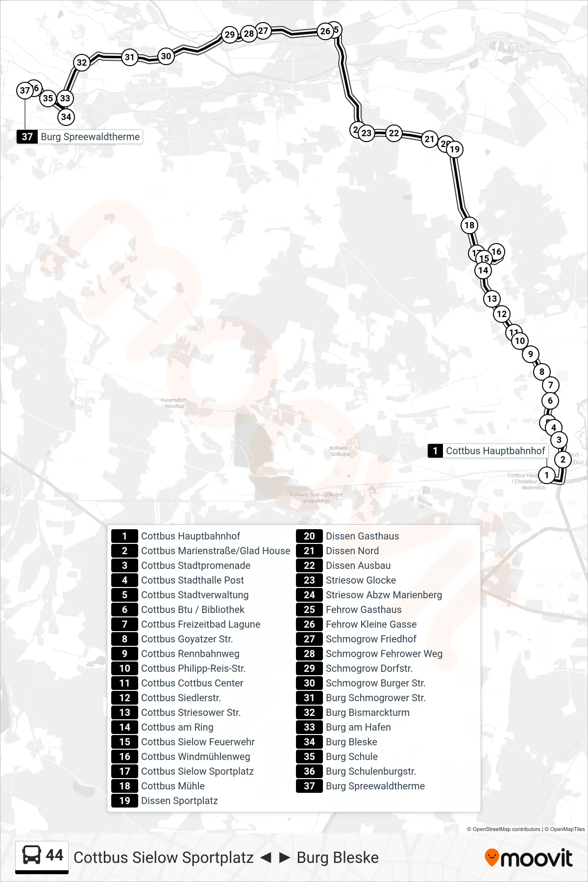Linie 44 (Bus) Richtung Burg Spreewaldtherme: Route und Haltestellen auf der Karte