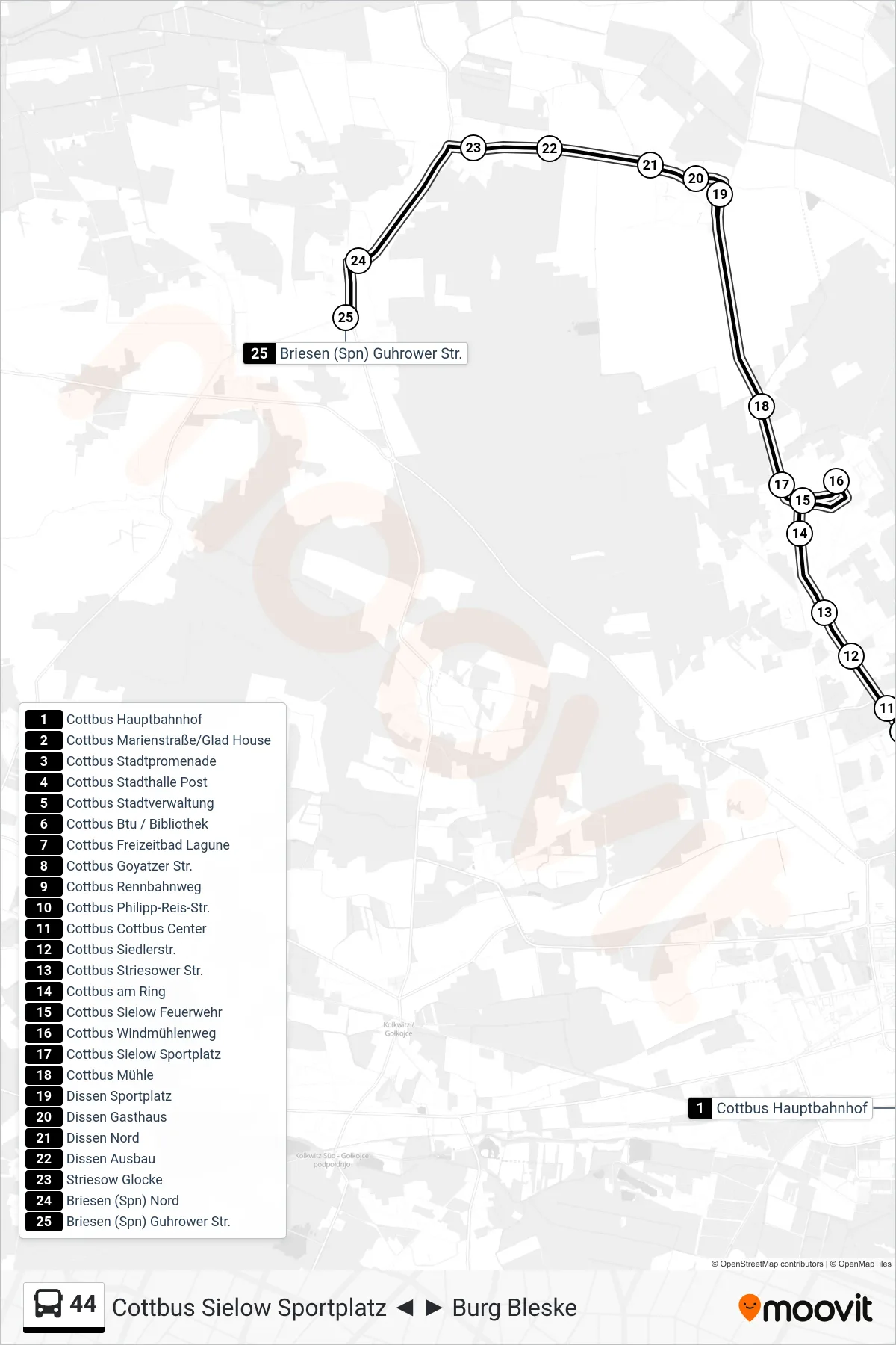 Linie 44 (Bus) Richtung Briesen (Spn) Guhrower Str.: Route und Haltestellen auf der Karte