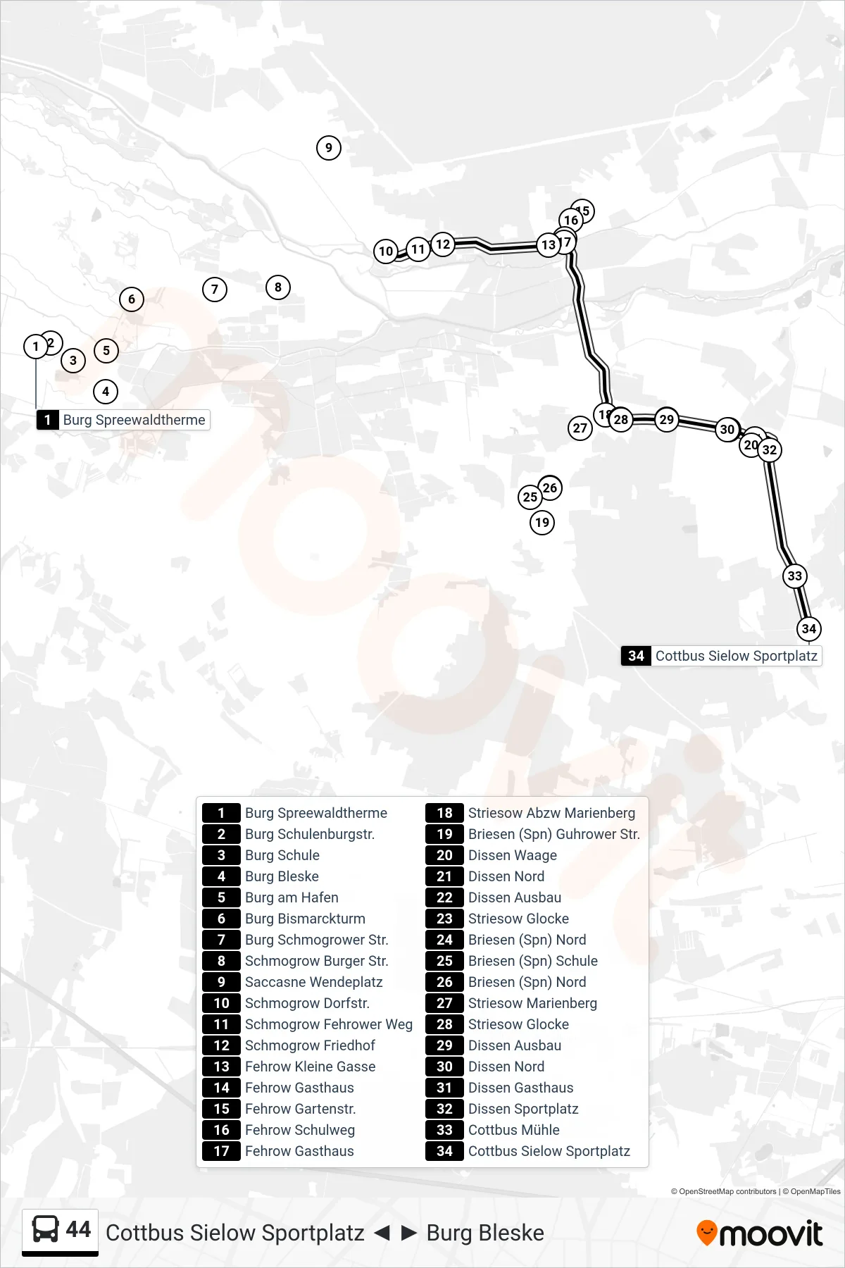 Linie 44 (Bus) Richtung Cottbus Sielow Sportplatz: Route und Haltestellen auf der Karte
