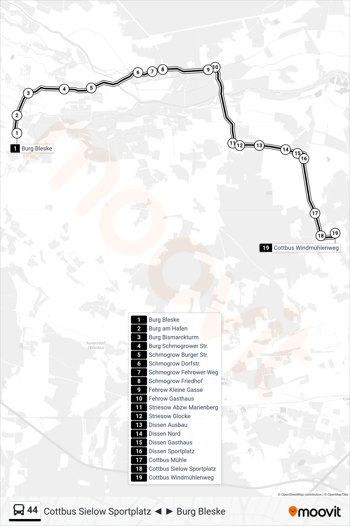 Linie 44 (Bus) Richtung Cottbus Windmühlenweg: Route und Haltestellen auf der Karte