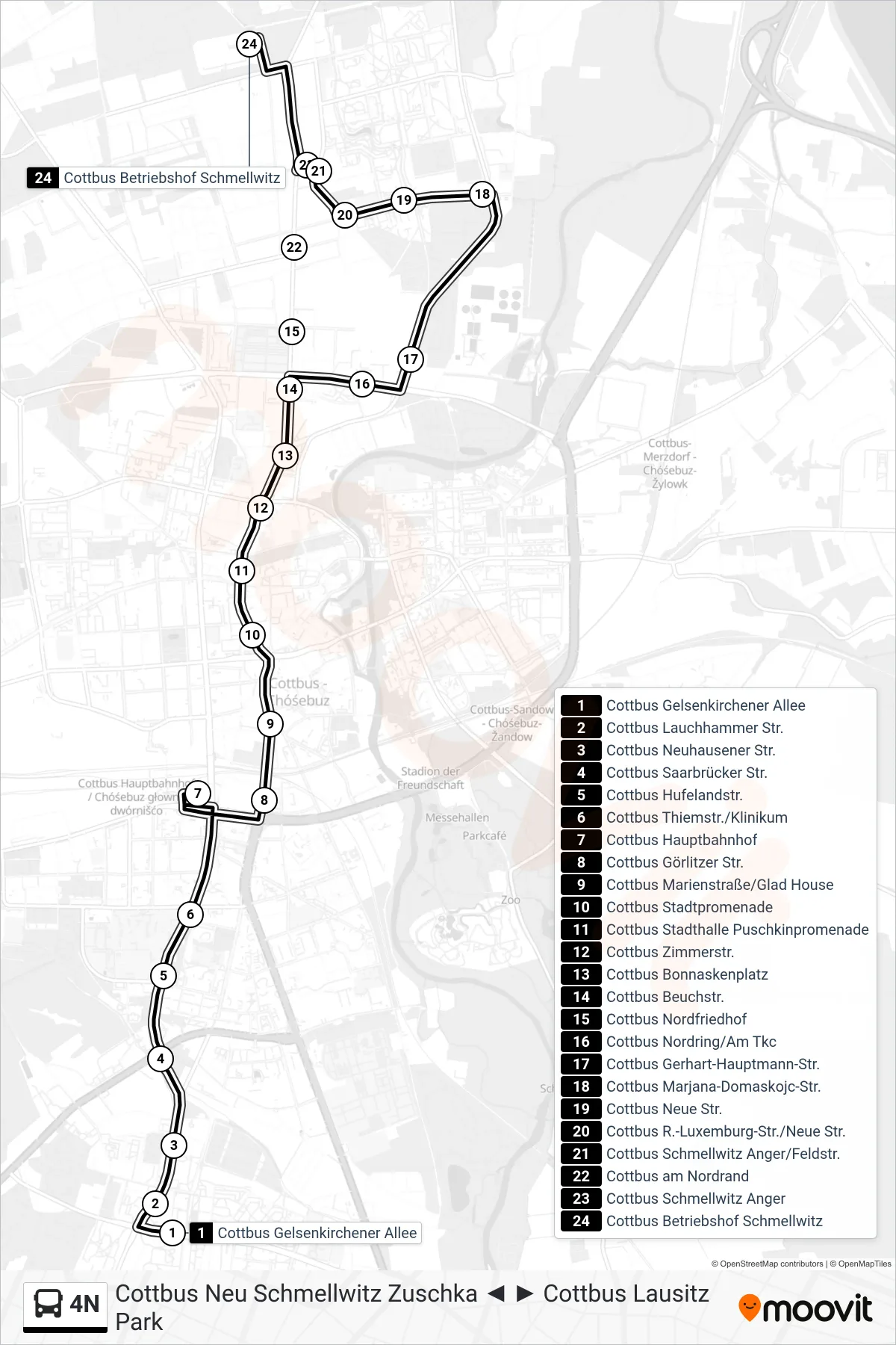 Linie 4N (Bus) Richtung Cottbus Betriebshof Schmellwitz: Route und Haltestellen auf der Karte