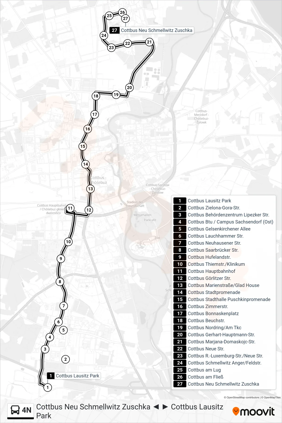 4N bus Line (Cottbus Neu Schmellwitz Zuschka) route and stops on a map