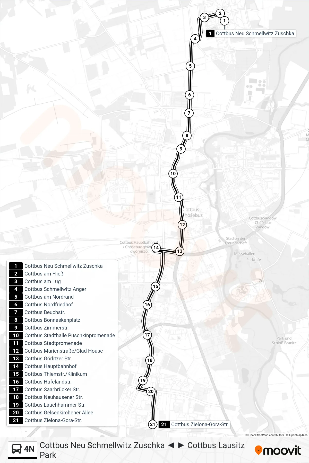 4N bus Line (Cottbus Zielona-Gora-Str.) route and stops on a map
