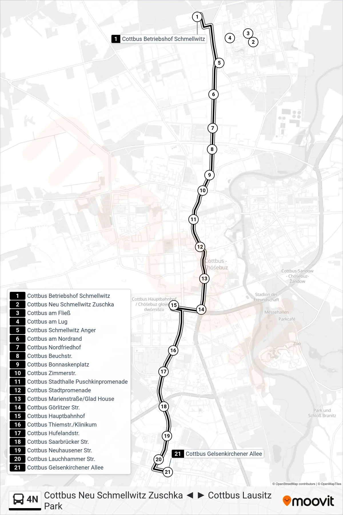 Linie 4N (Bus) Richtung Cottbus Gelsenkirchener Allee: Route und Haltestellen auf der Karte