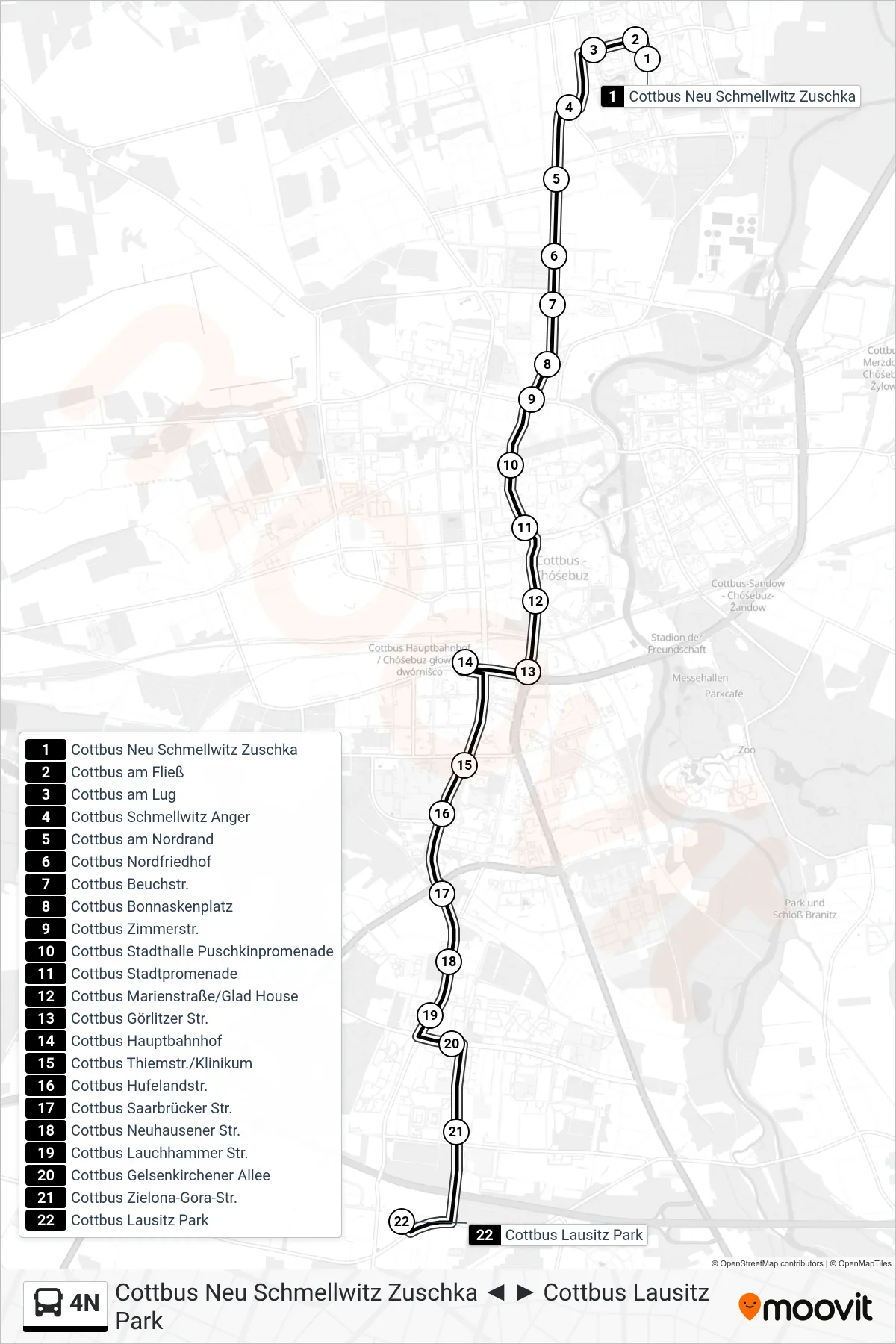 Linie 4N (Bus) Richtung Cottbus Lausitz Park: Route und Haltestellen auf der Karte
