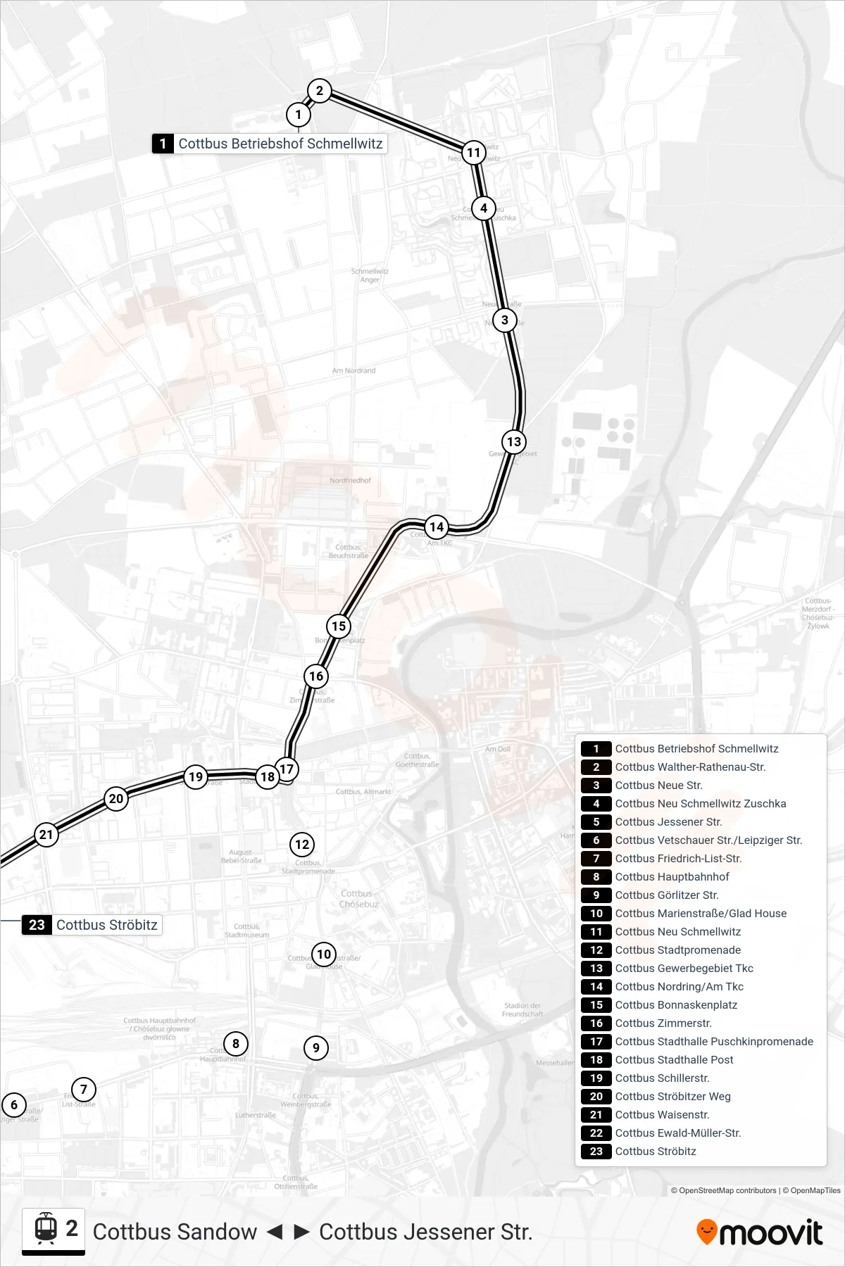 2 light rail Line (Cottbus Ströbitz) route and stops on a map