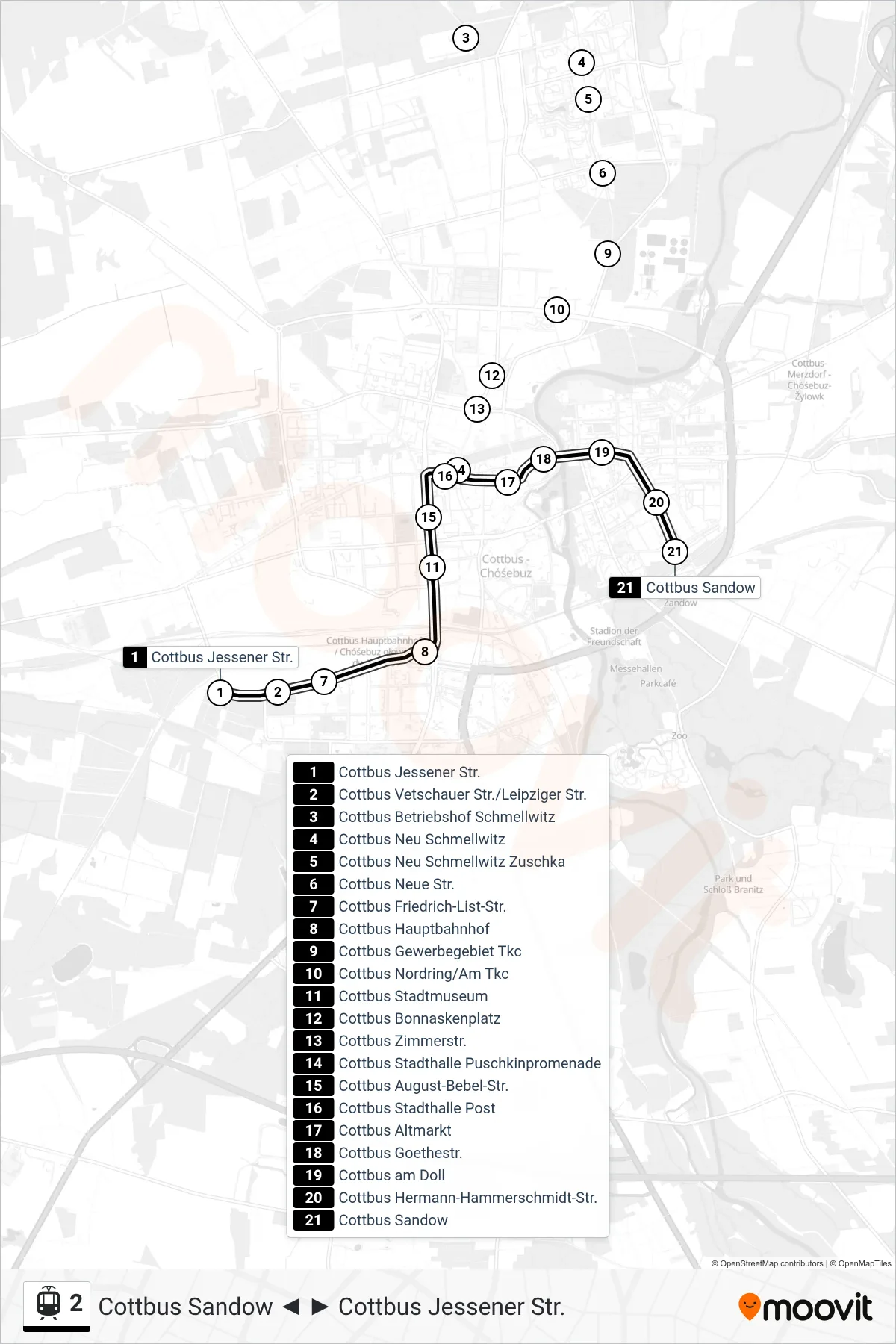 2 light rail Line (Cottbus Sandow) route and stops on a map