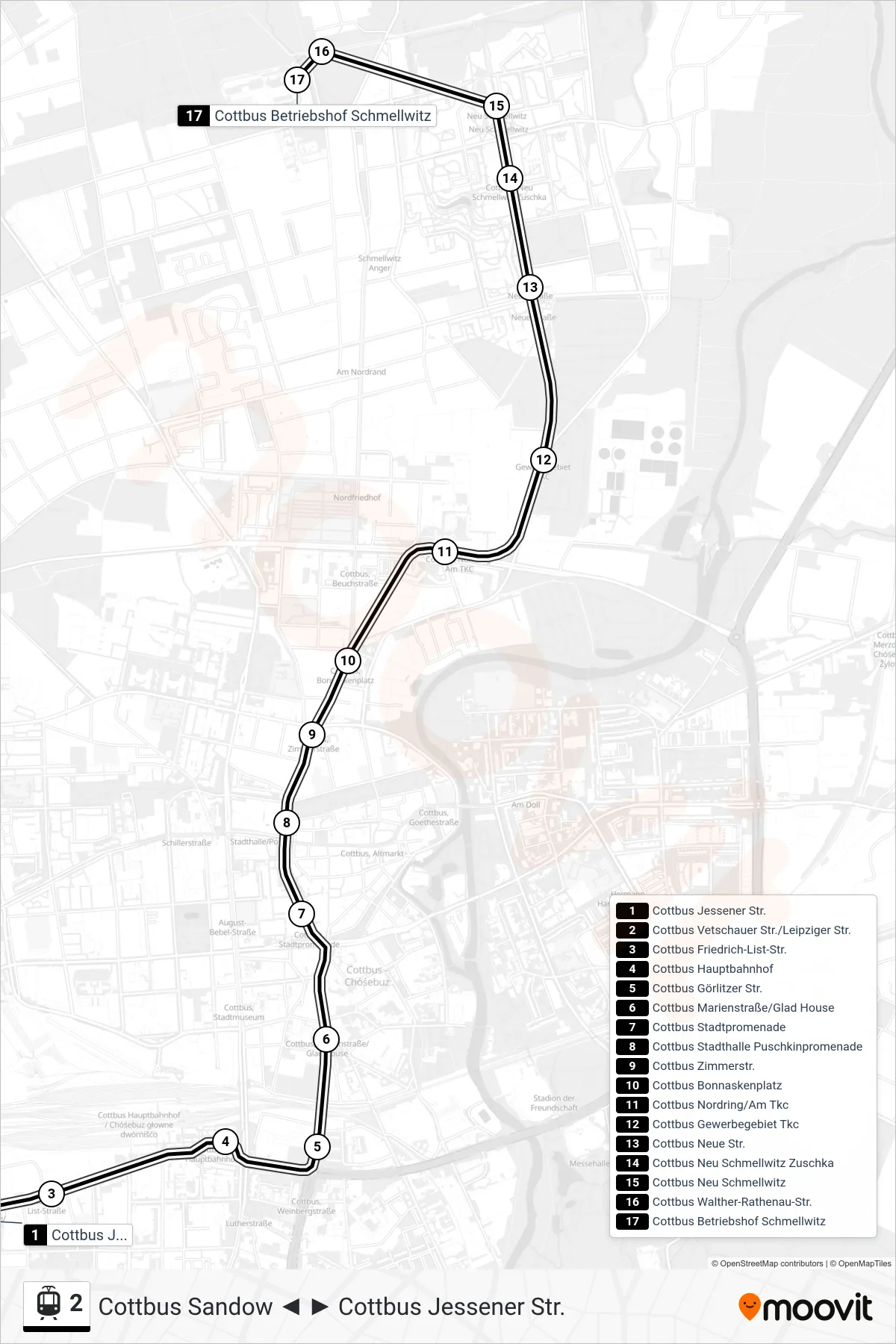 Linie 2 (Straßenbahn) Richtung Cottbus Betriebshof Schmellwitz: Route und Haltestellen auf der Karte
