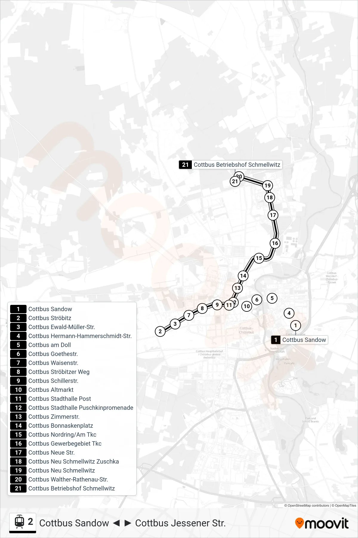 Linie 2 (Straßenbahn) Richtung Cottbus Betriebshof Schmellwitz: Route und Haltestellen auf der Karte