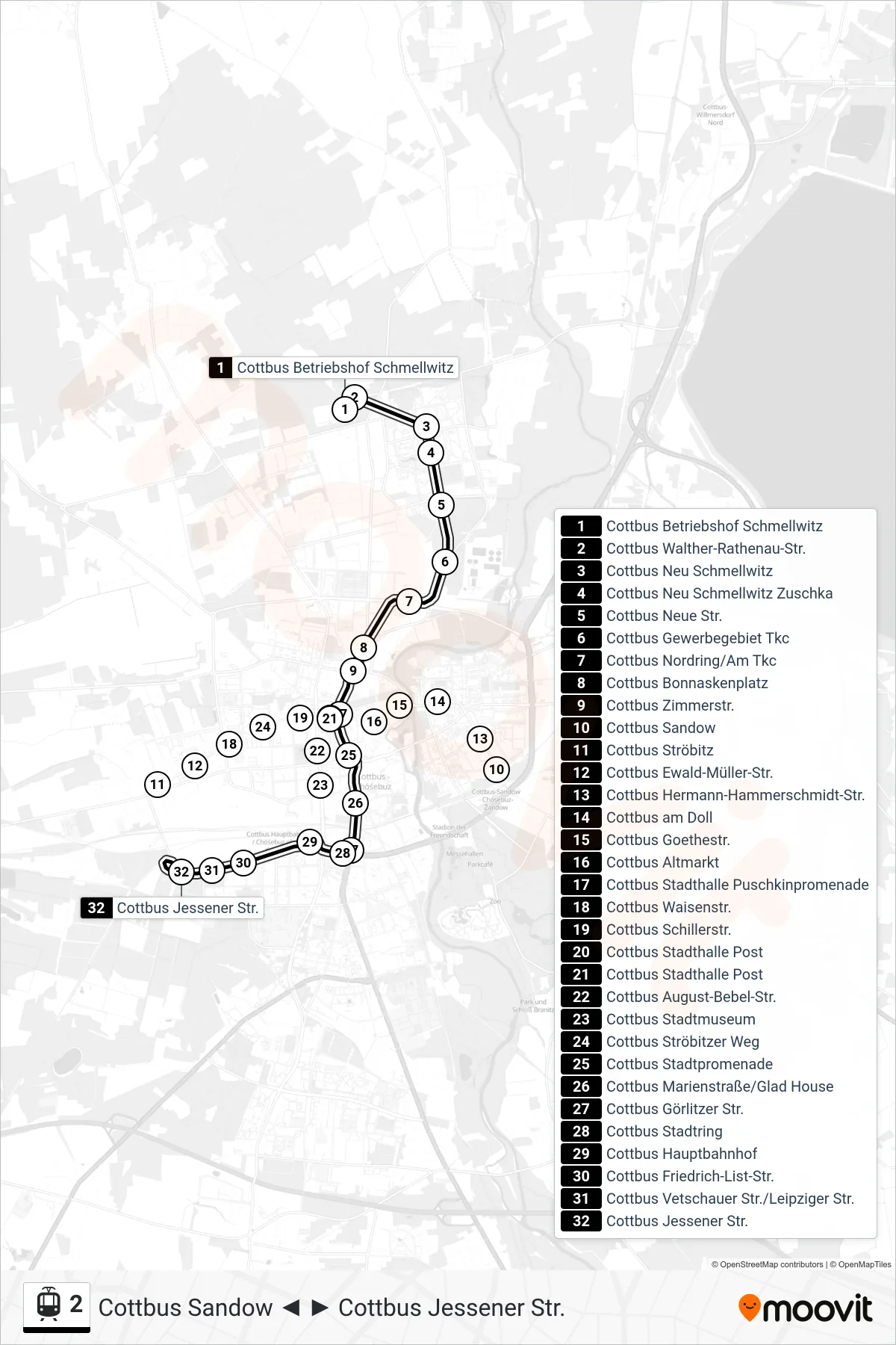 Linie 2 (Straßenbahn) Richtung Cottbus Jessener Str.: Route und Haltestellen auf der Karte