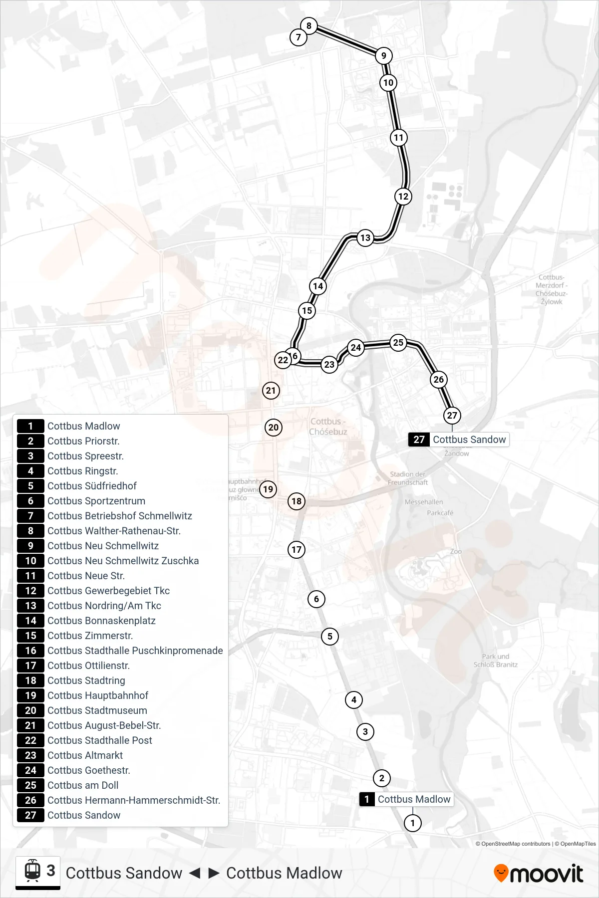 Linie 3 (Straßenbahn) Richtung Cottbus Sandow: Route und Haltestellen auf der Karte