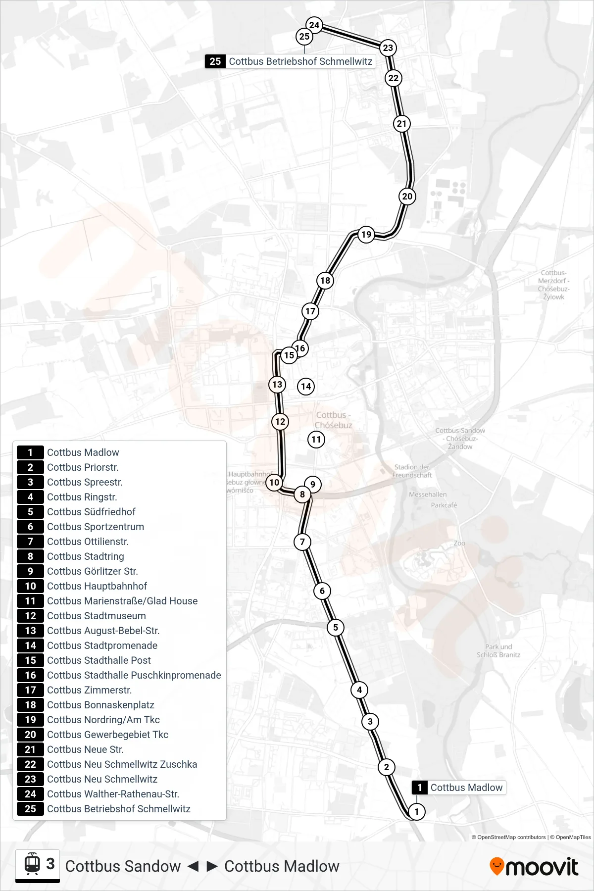 Linie 3 (Straßenbahn) Richtung Cottbus Betriebshof Schmellwitz: Route und Haltestellen auf der Karte