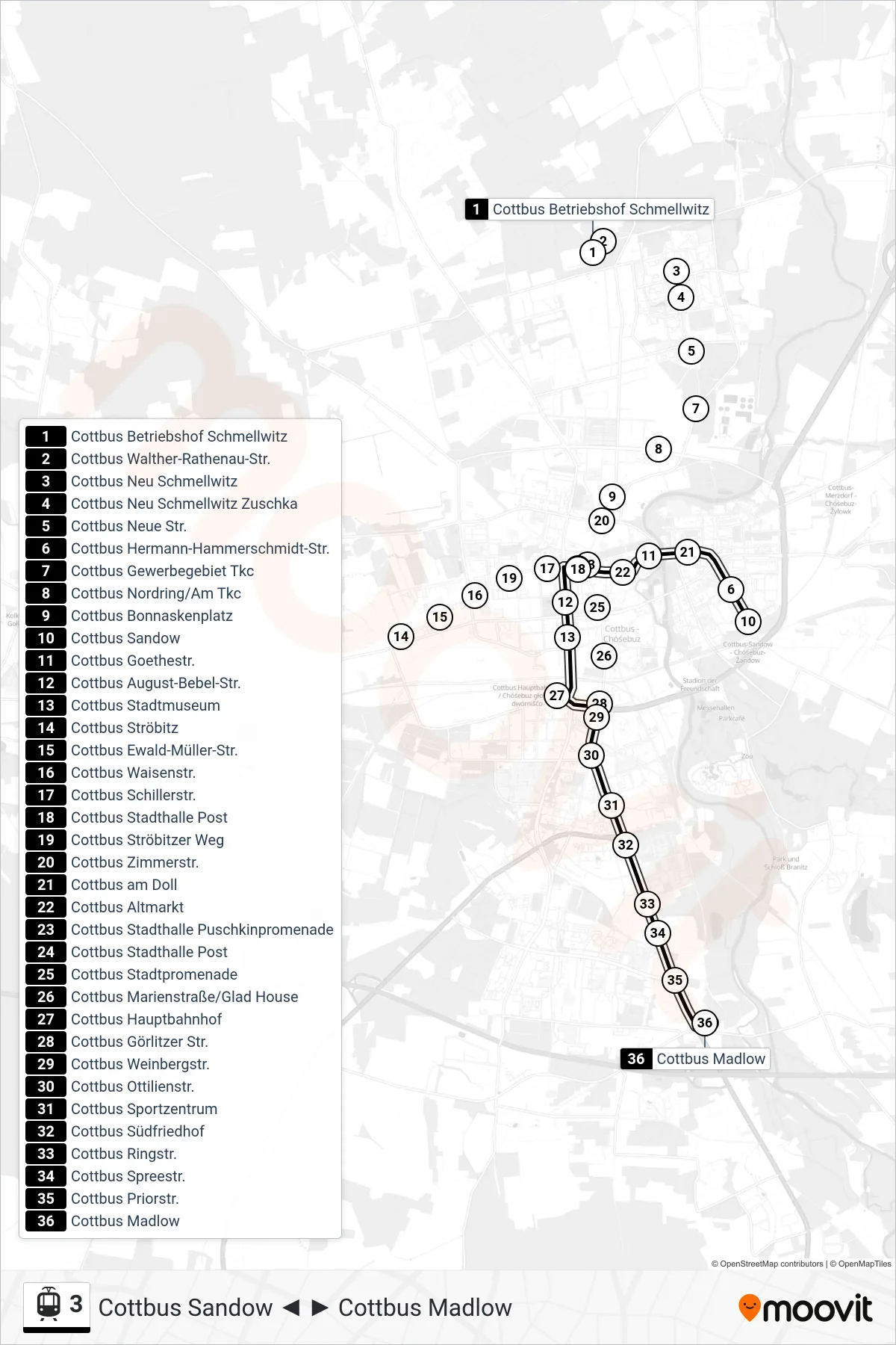 Linie 3 (Tram) Richtung Cottbus Madlow: Route und Haltestellen auf der Karte