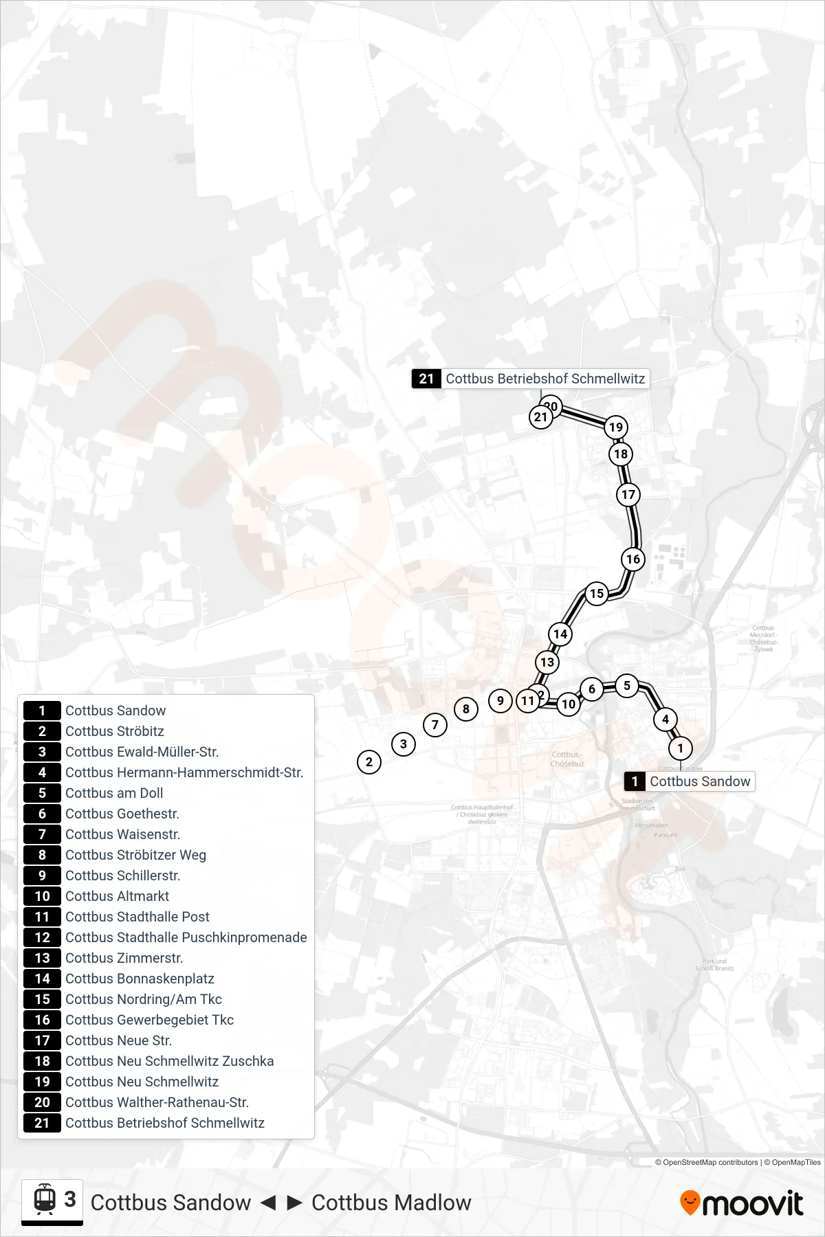 Linie 3 (Straßenbahn) Richtung Cottbus Betriebshof Schmellwitz: Route und Haltestellen auf der Karte