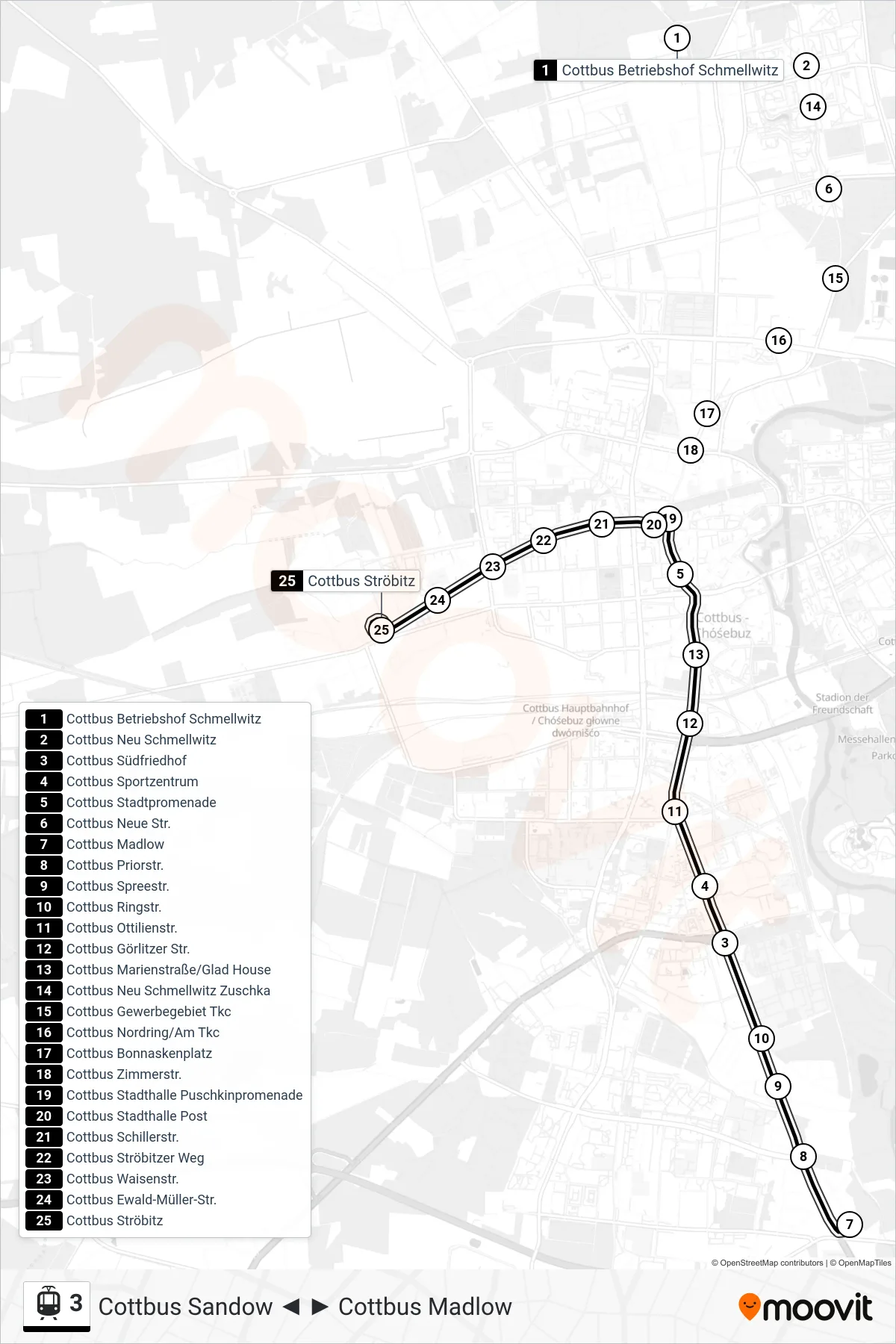 Linie 3 (Straßenbahn) Richtung Cottbus Ströbitz: Route und Haltestellen auf der Karte
