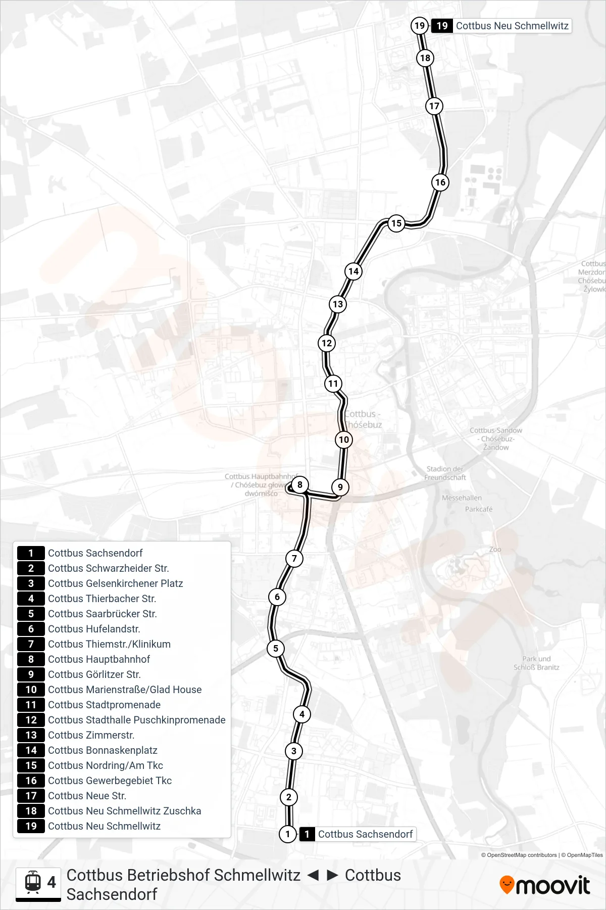 Linie 4 (Straßenbahn) Richtung Cottbus Neu Schmellwitz: Route und Haltestellen auf der Karte