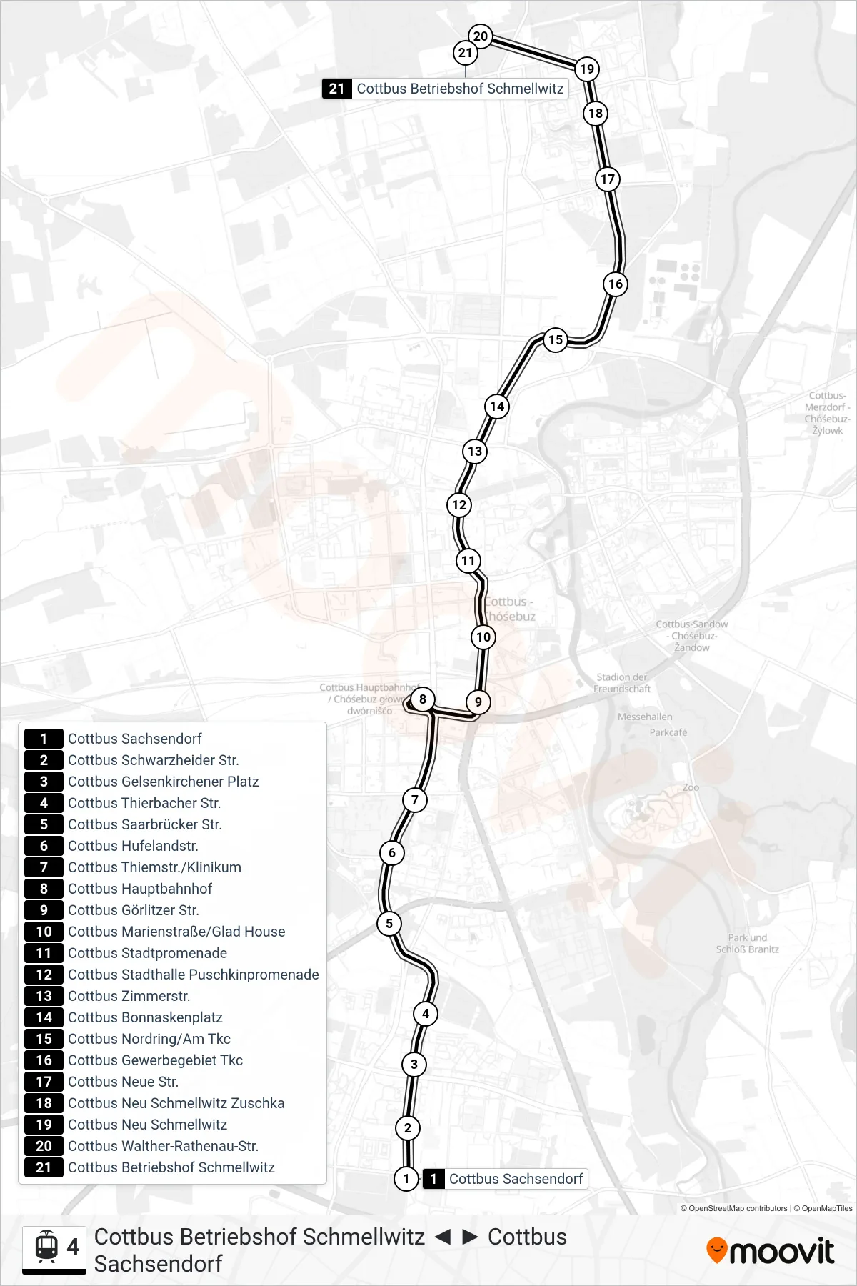 Linie 4 (Straßenbahn) Richtung Cottbus Betriebshof Schmellwitz: Route und Haltestellen auf der Karte
