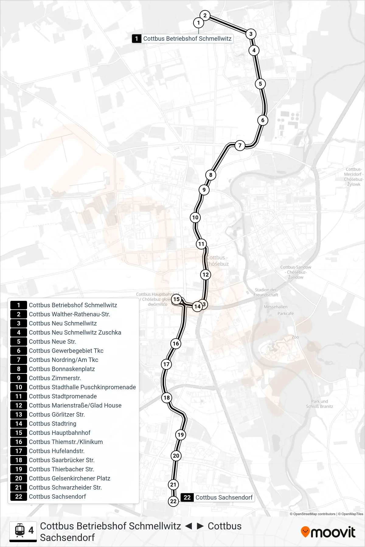 4 light rail Line (Cottbus Sachsendorf) route and stops on a map